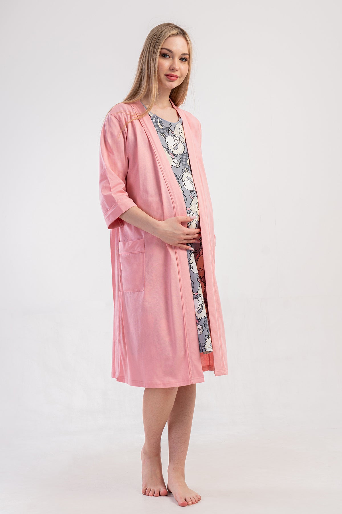 KADIN P.SUPREM CIFT PATLI KISA KOL HAMILE TUNIK+3/4 KOL CEPLI SABAHLIK TAKIM - PINK