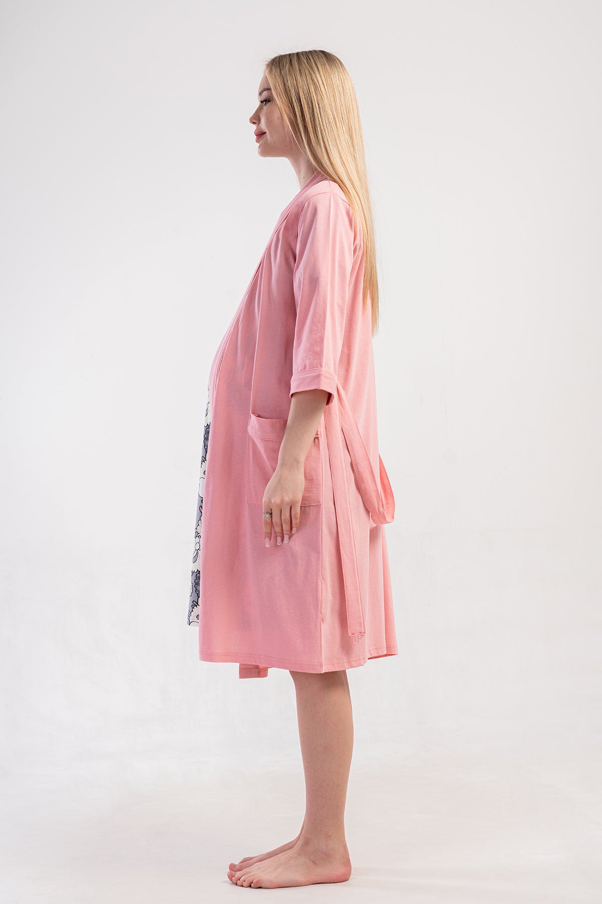 KADIN P.SUPREM CIFT PATLI KISA KOL HAMILE TUNIK+3/4 KOL CEPLI SABAHLIK TAKIM - PINK