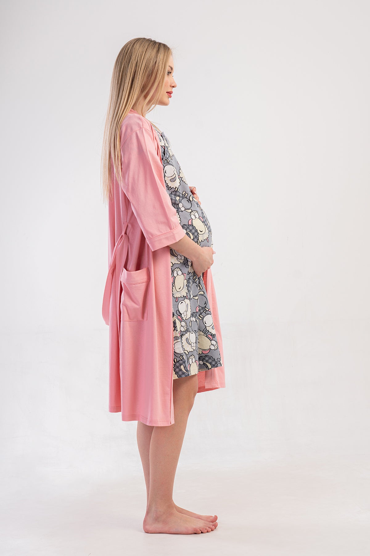 KADIN P.SUPREM CIFT PATLI KISA KOL HAMILE TUNIK+3/4 KOL CEPLI SABAHLIK TAKIM - PINK