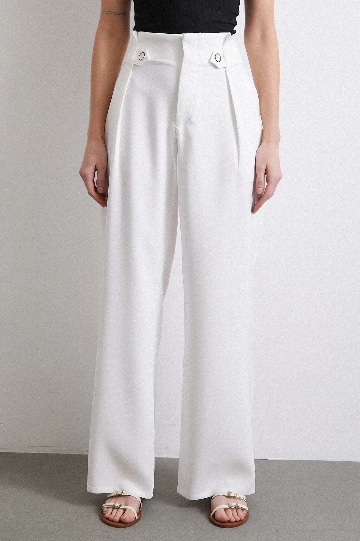 Bel Detaylı Wide Leg Pantolon - Ekru
