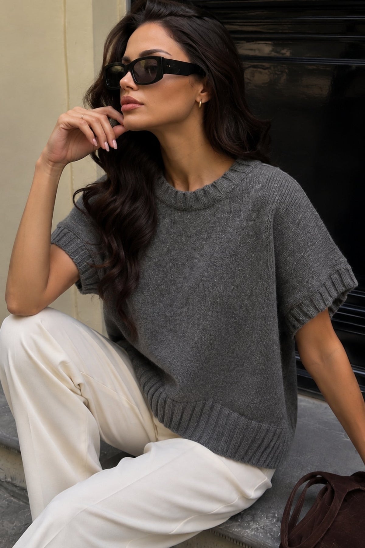 Oversize Basic Triko Süveter - Kahverengi