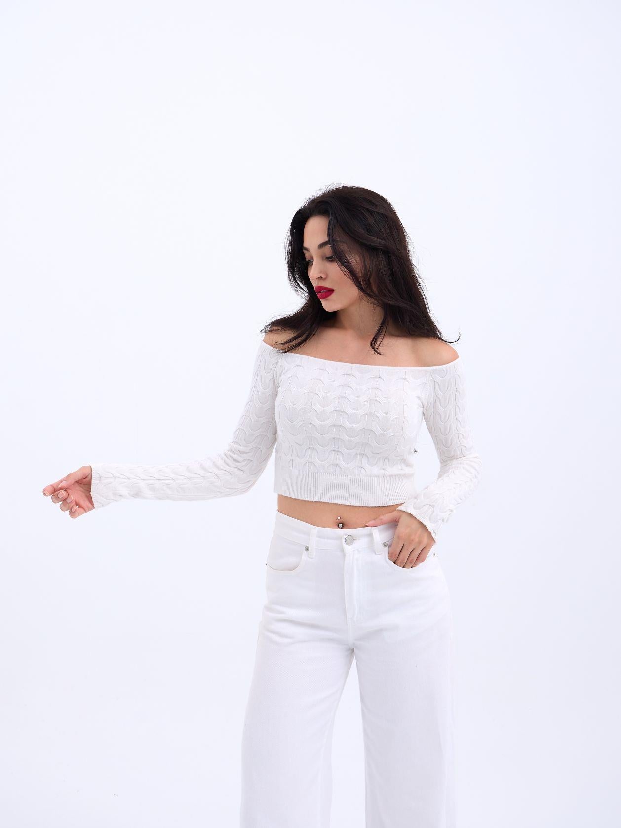 42241 TRİKO KAYIK YAKA CROP-EKRU