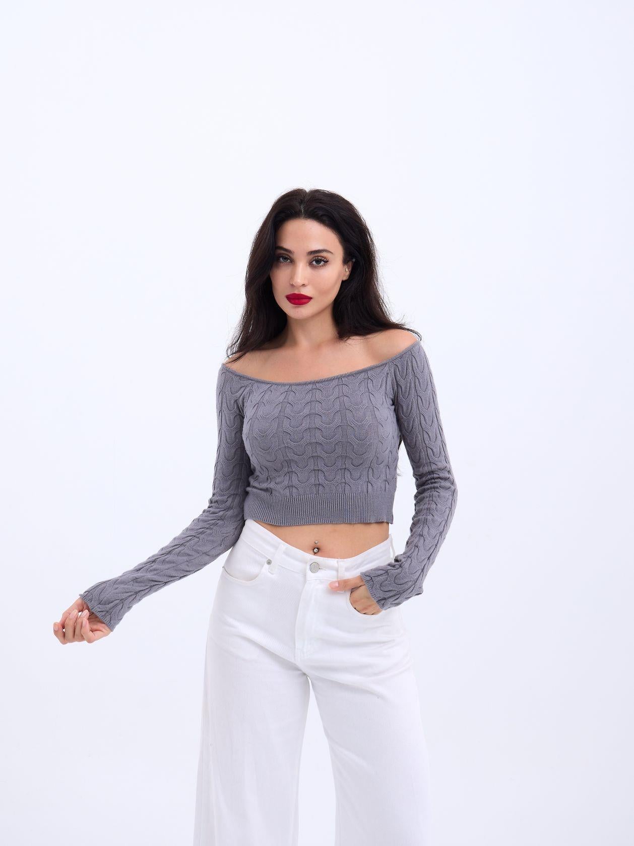 42241 TRİKO KAYIK YAKA CROP-GRİ