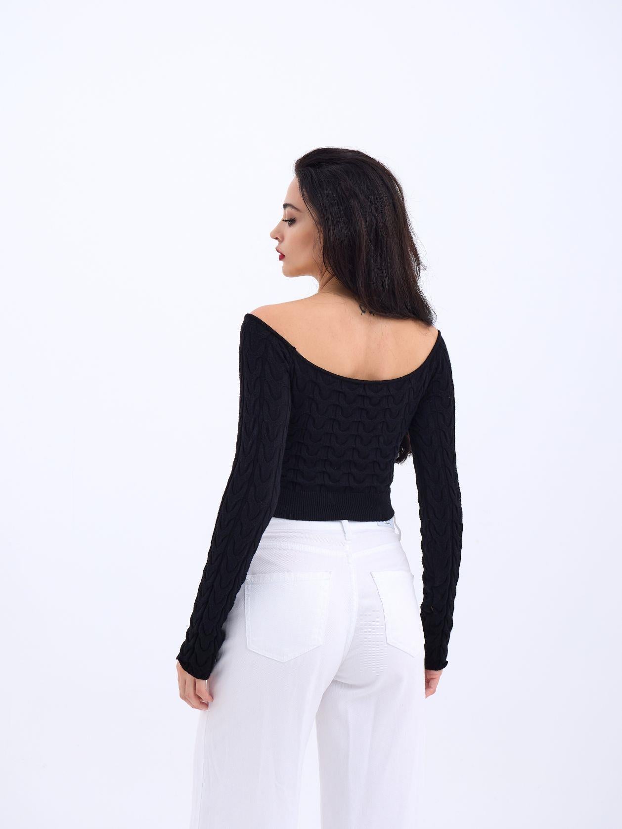 42241 TRİKO KAYIK YAKA CROP-SİYAH