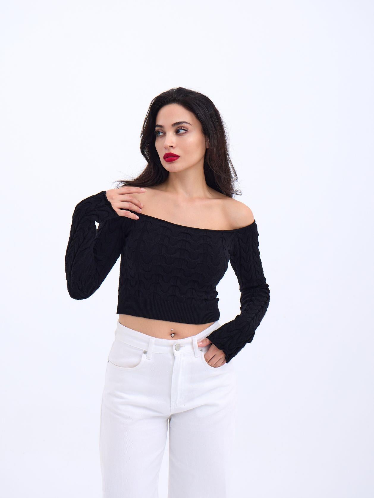 42241 TRİKO KAYIK YAKA CROP-SİYAH