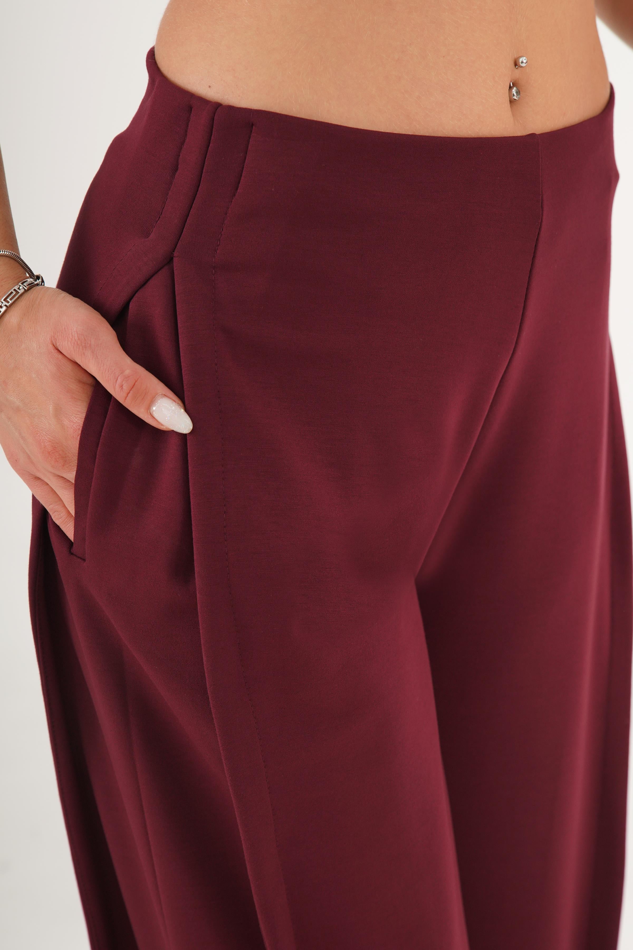 Yan Boydan Pileli Yüksek Bel Bordo Spor Pantolon