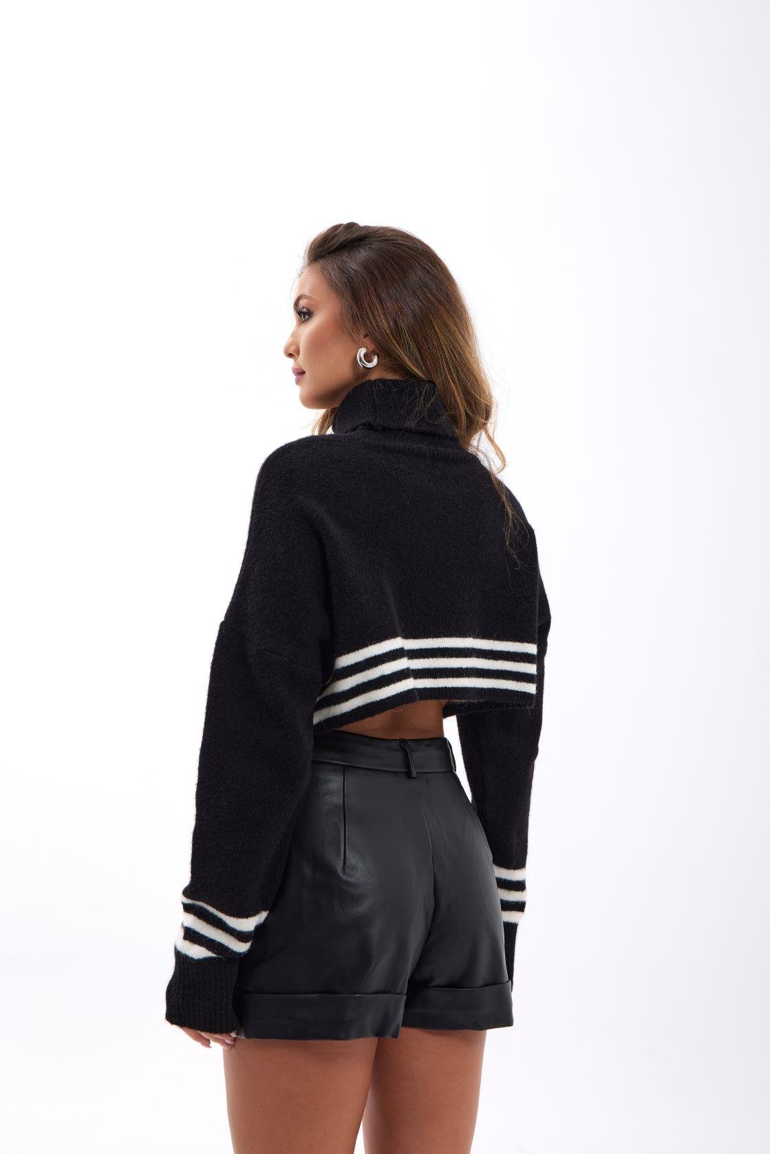 43241 TRİKO ÇİZGİLİ BALIKÇI CROP-SİYAH-EKRU