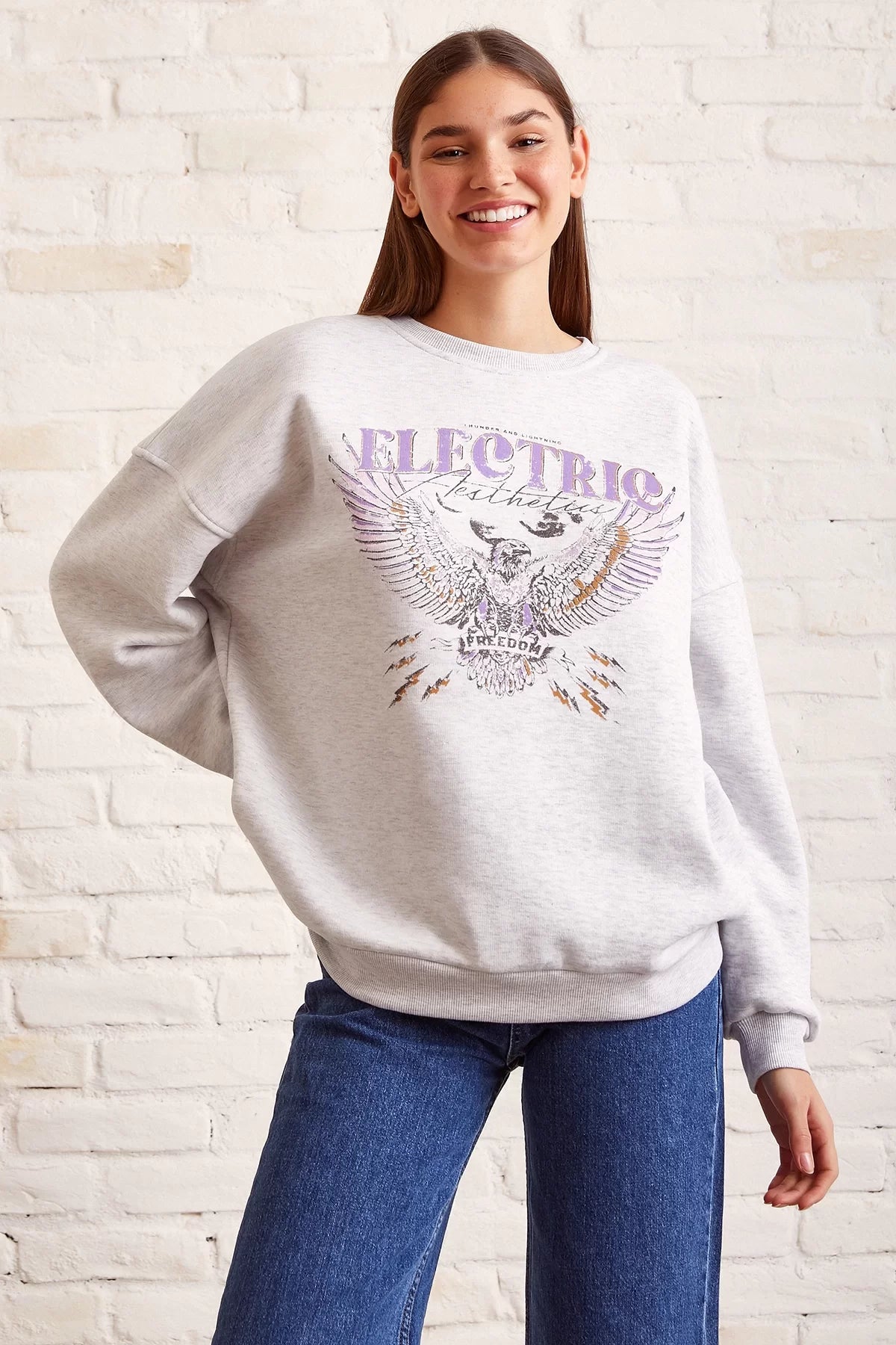Bisiklet Yaka Baskılı Sweatshirt - Kar Melanj