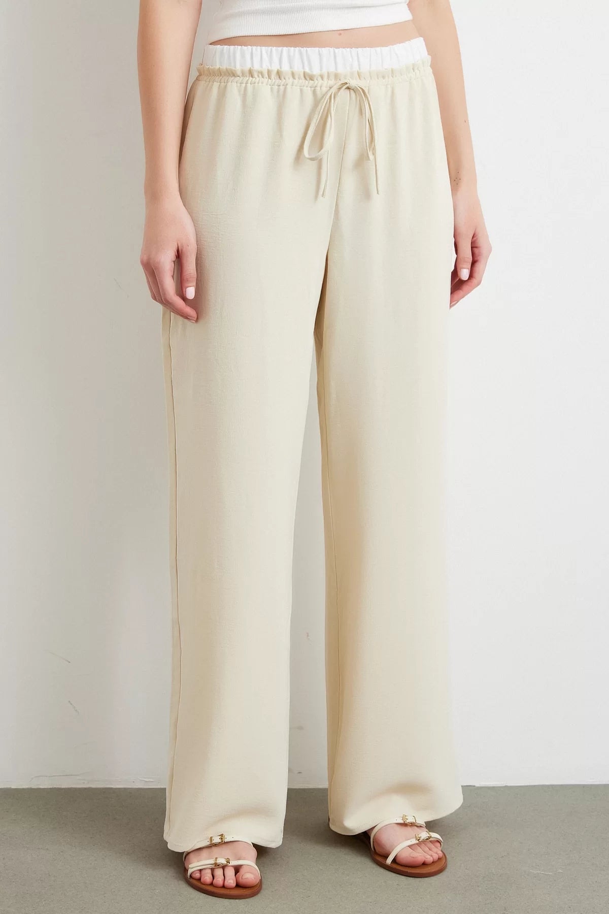 Bel Bantlı Wide Leg Pantolon - Krem