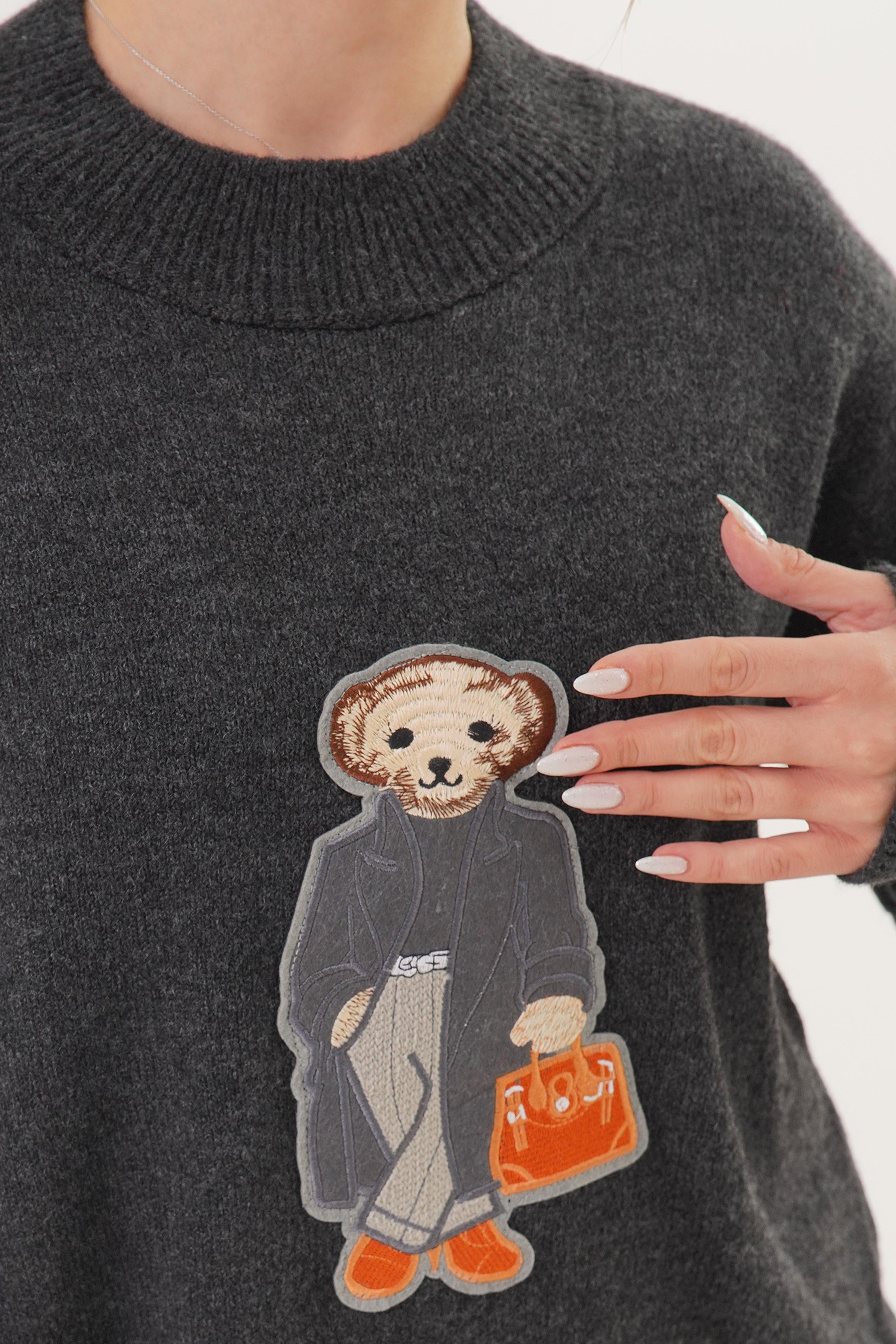 Ayıcık Nakışlı Bisiklet Yaka Toptan Antrasit Triko Kazak