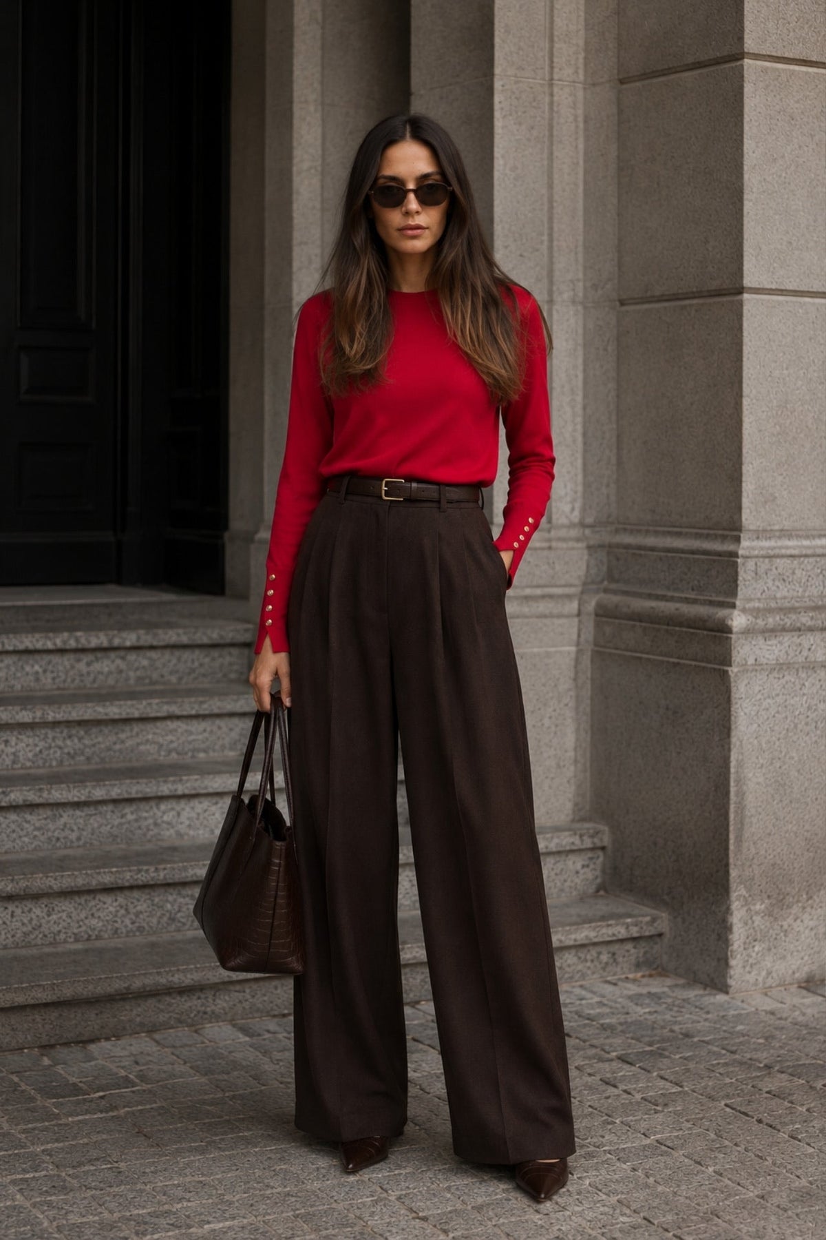 Düğme Detay Bisiklet Yaka Bluz - Kırmızı