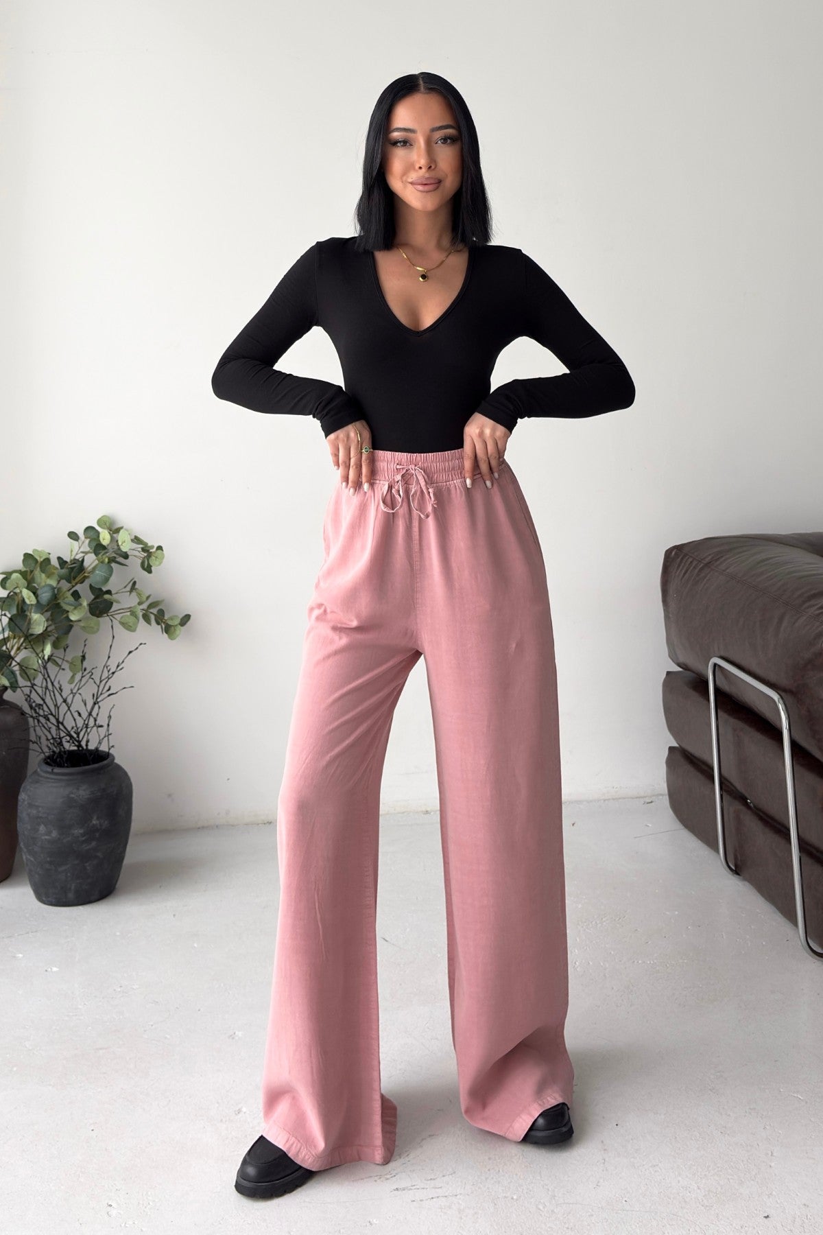 Lastikli Palazzo Pantolon HS708 - Gül Kurusu - (S-XL) - 4