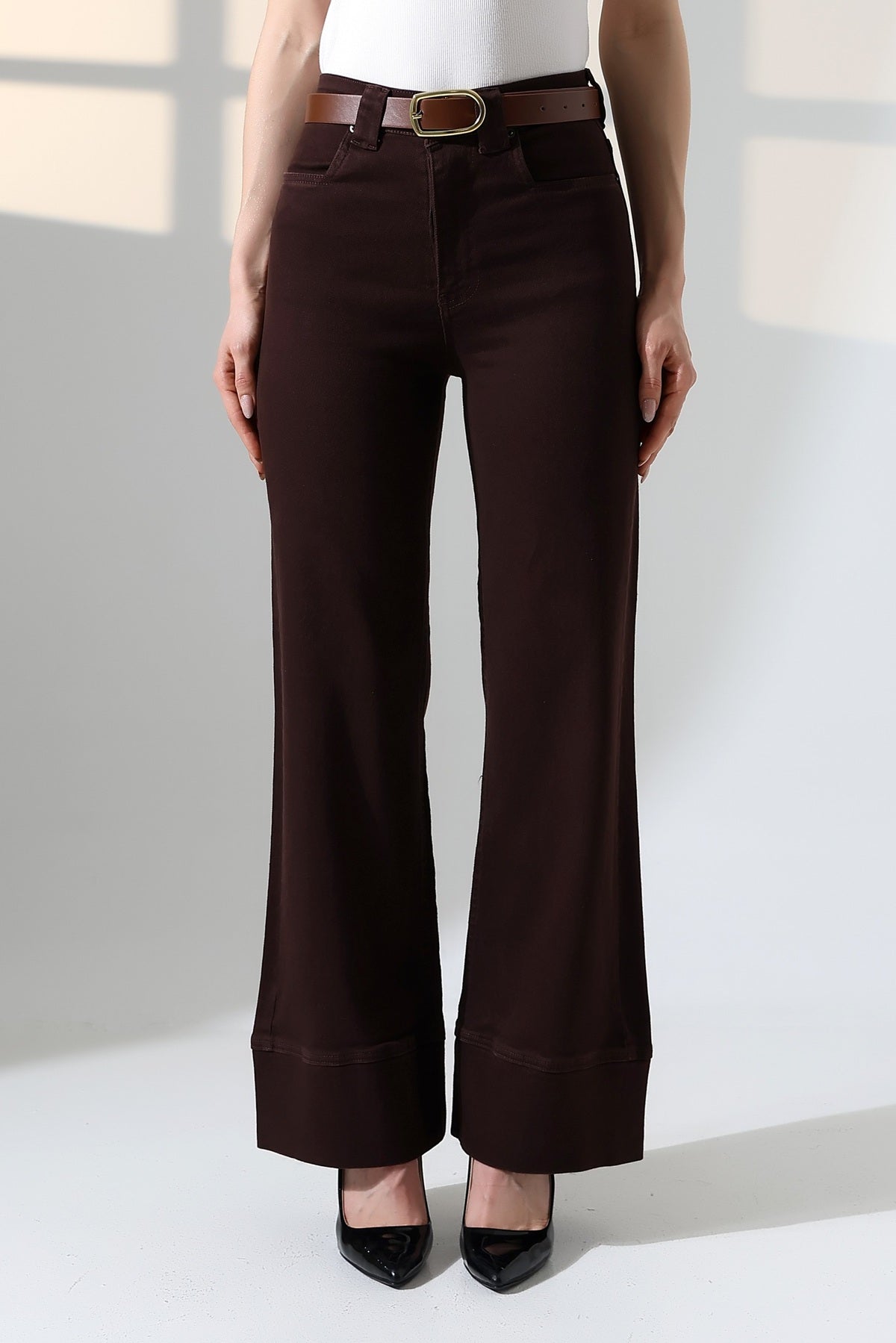 Paça Detaylı Palazzo Kot Pantolon 7164 - Kahverengi - (27-32) - 4