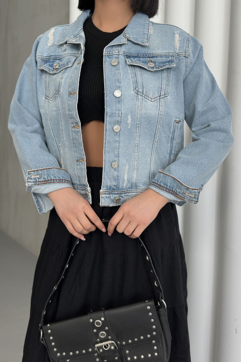 Kısa Kot Ceket 641 - Orta Mavi Kar Yıkama Tintli - (S-XL-6) - 4