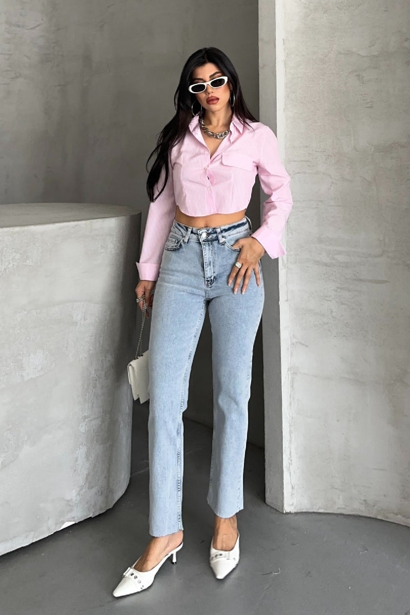 Mom Fit Kot Pantolon 7064 - Kar Yıkama Açık Mavi - (28-33) - 4