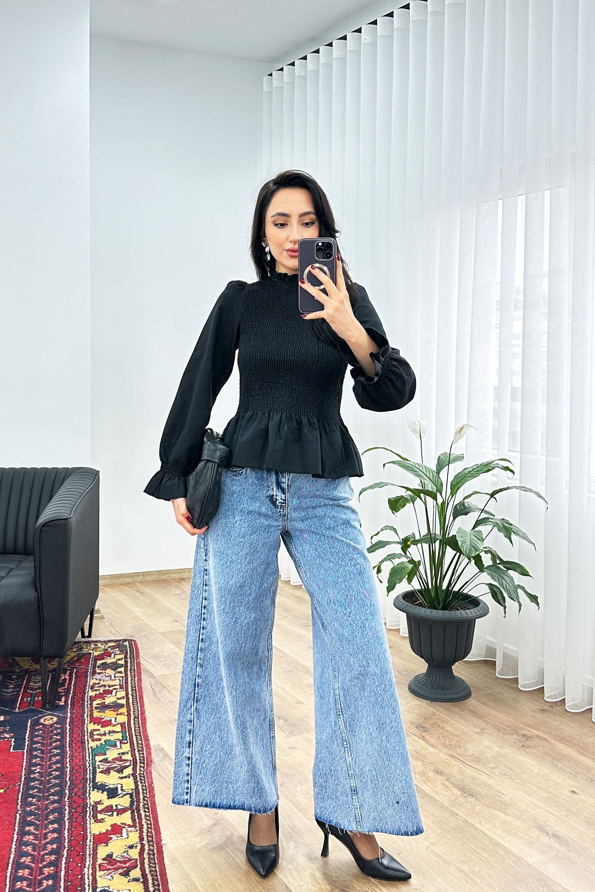 Komple Gipeli Dik Yaka Siyah Toptan Bluz