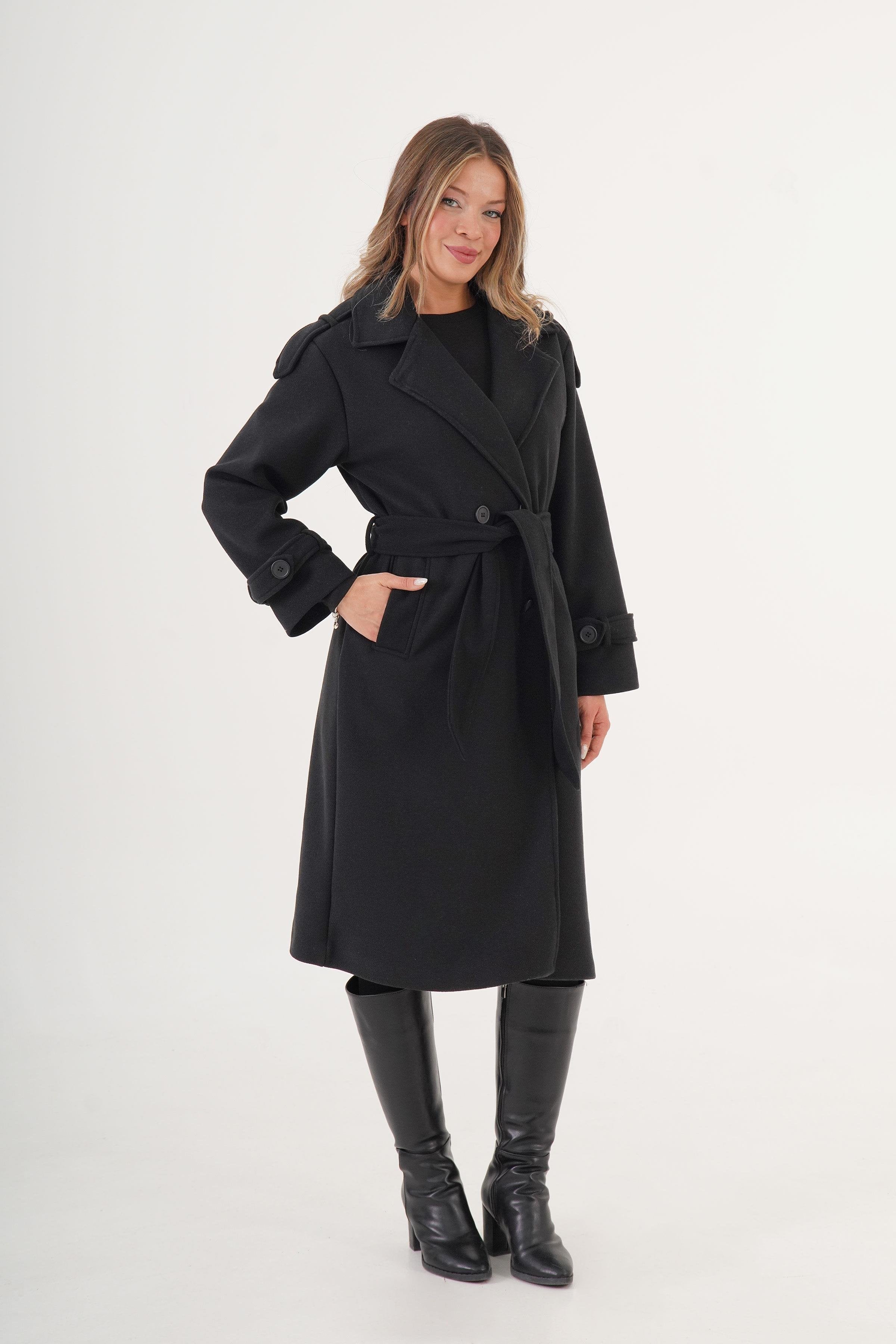 Apolet Detaylı Kuşaklı Toptan Siyah Kaşe Kaban Siyah S