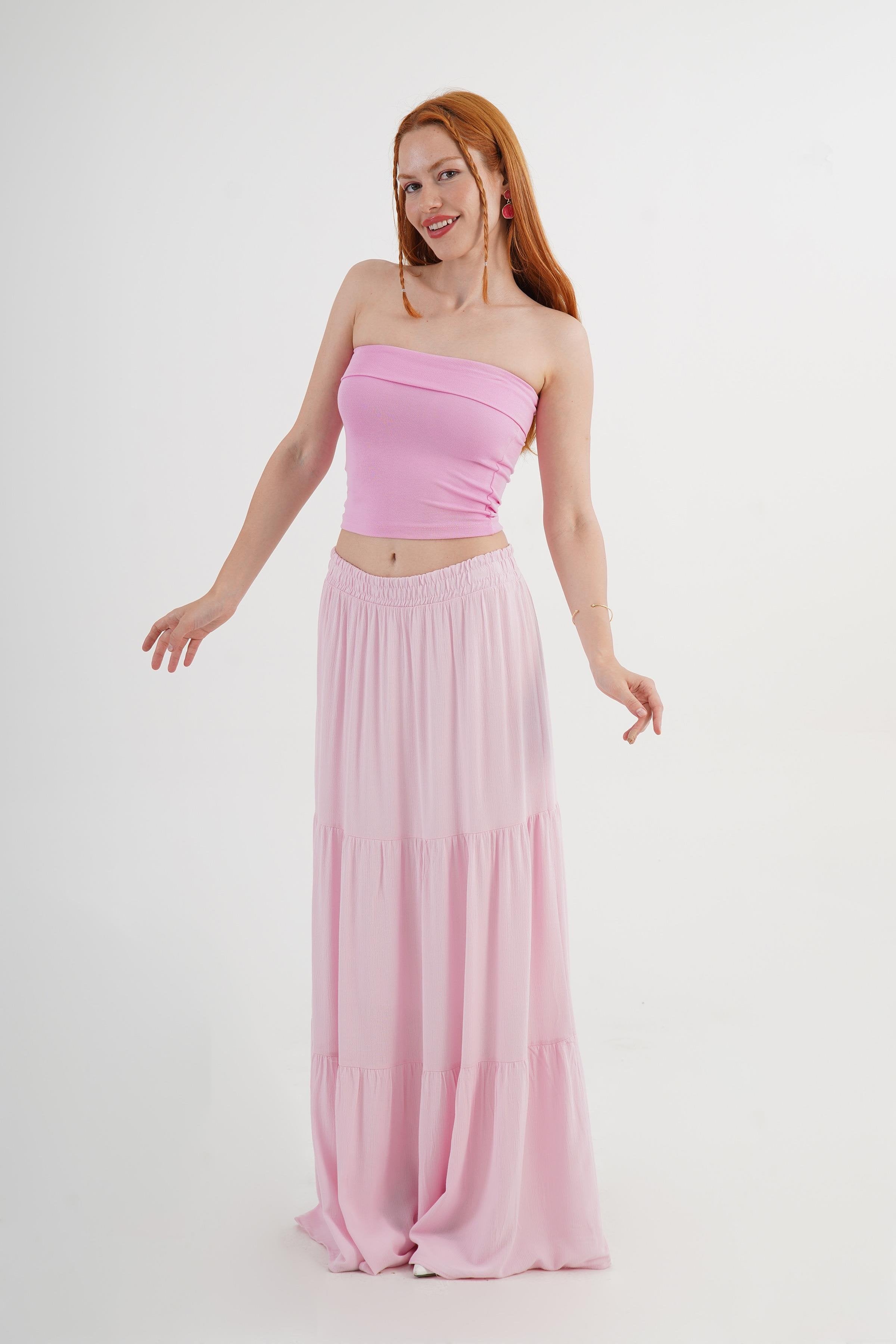 Fırfırlı Uzun Toptan Pembe Etek
