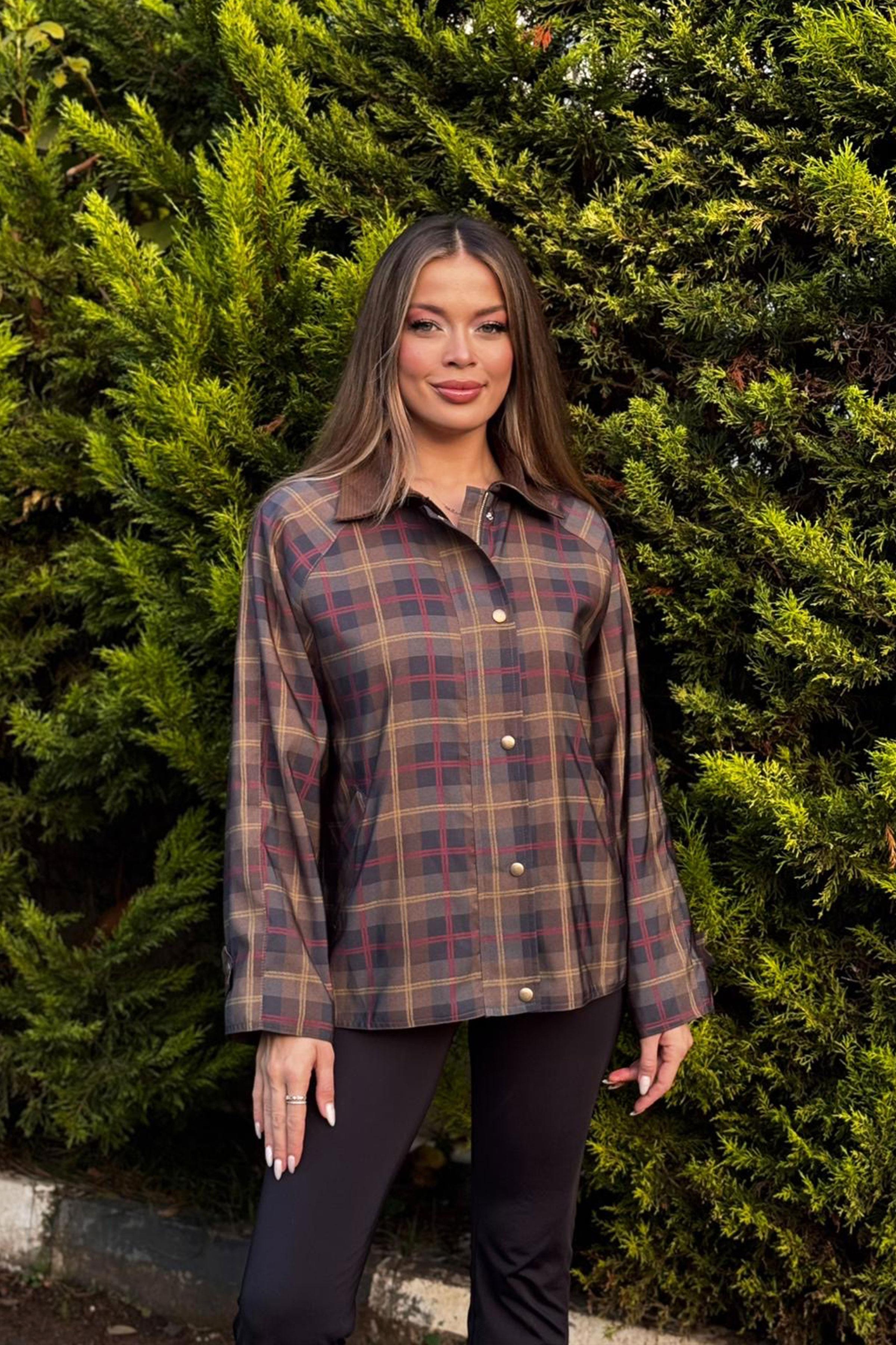 Ekose Desen Çıtçıt Kapamalı Toptan Trençkot Haki S