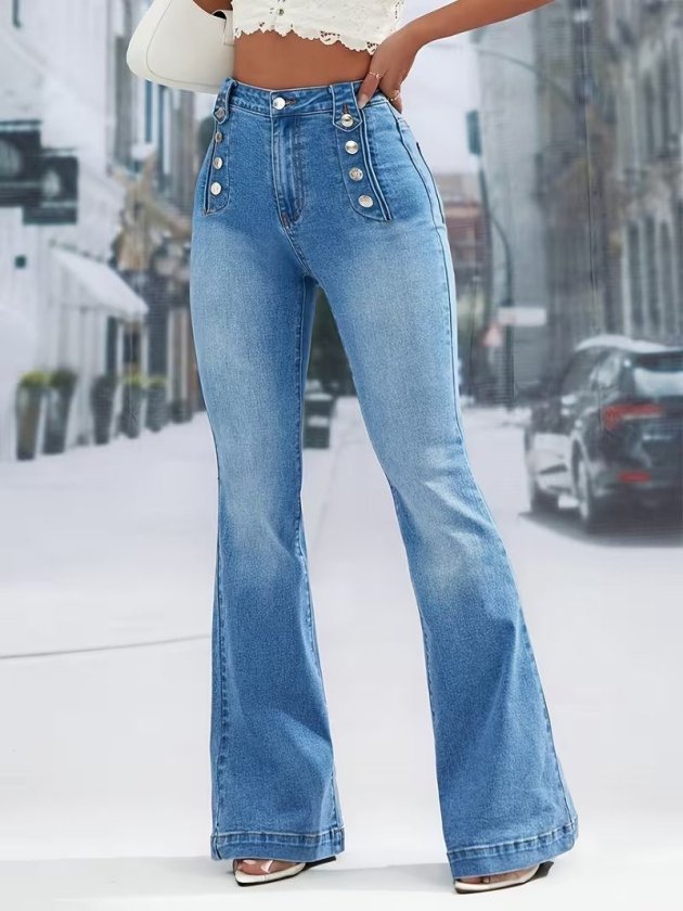 Women's High Waisted Wide Leg Jeans with Button Front Detail, 33173