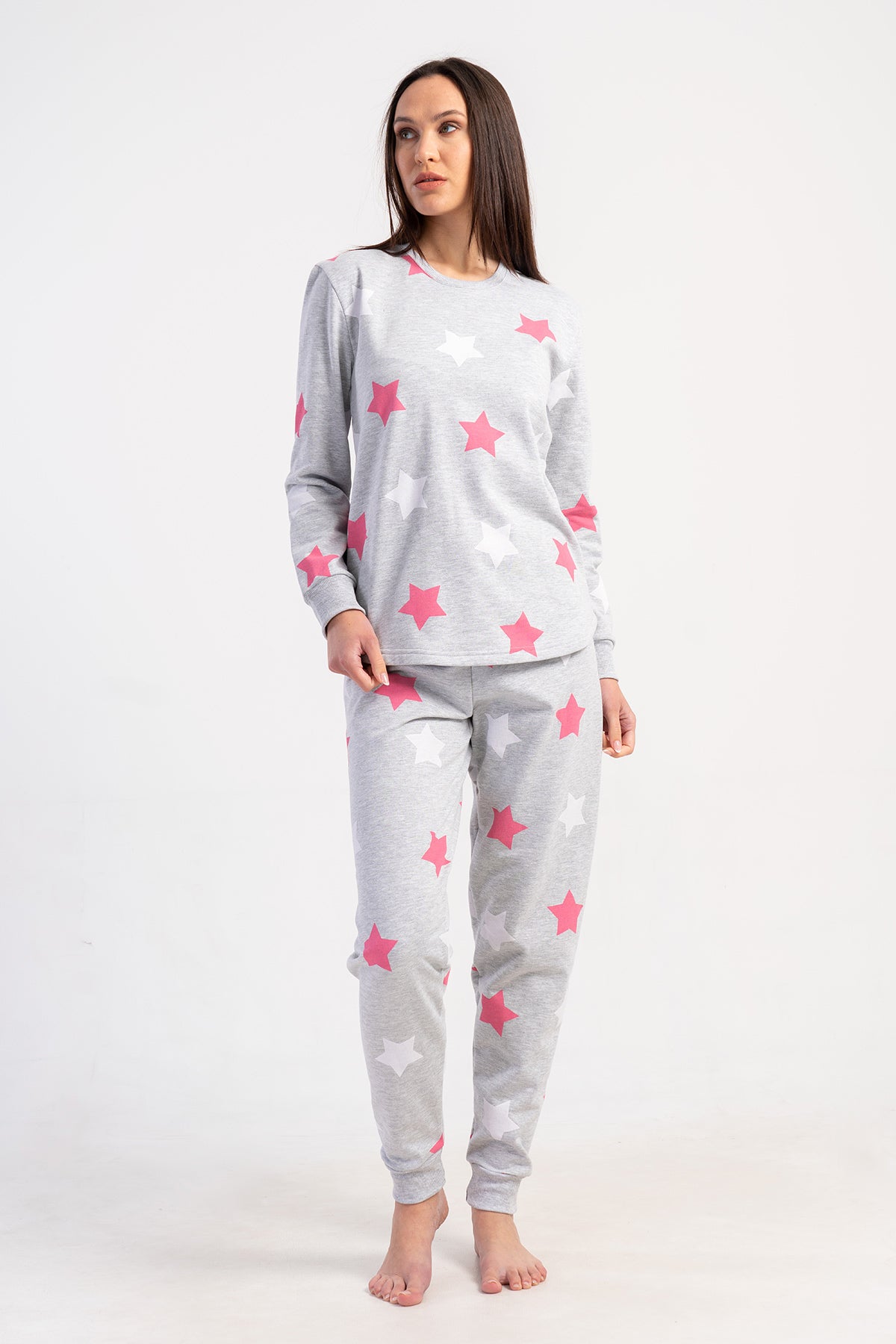 KADIN 2IPLIK XXL O YAKA UZUN KOL ETEGI OVAL MANSETLI PIJAMA TAKIM - PEMBE