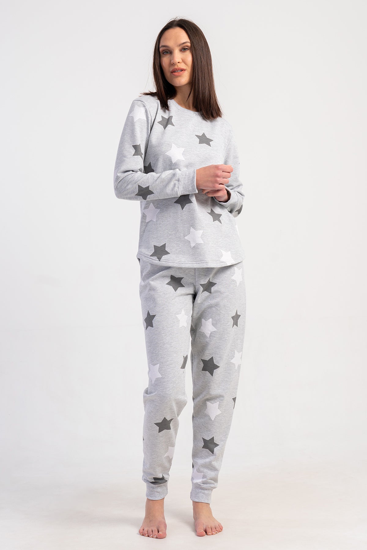 KADIN 2IPLIK XXL O YAKA UZUN KOL ETEGI OVAL MANSETLI PIJAMA TAKIM - PEMBE