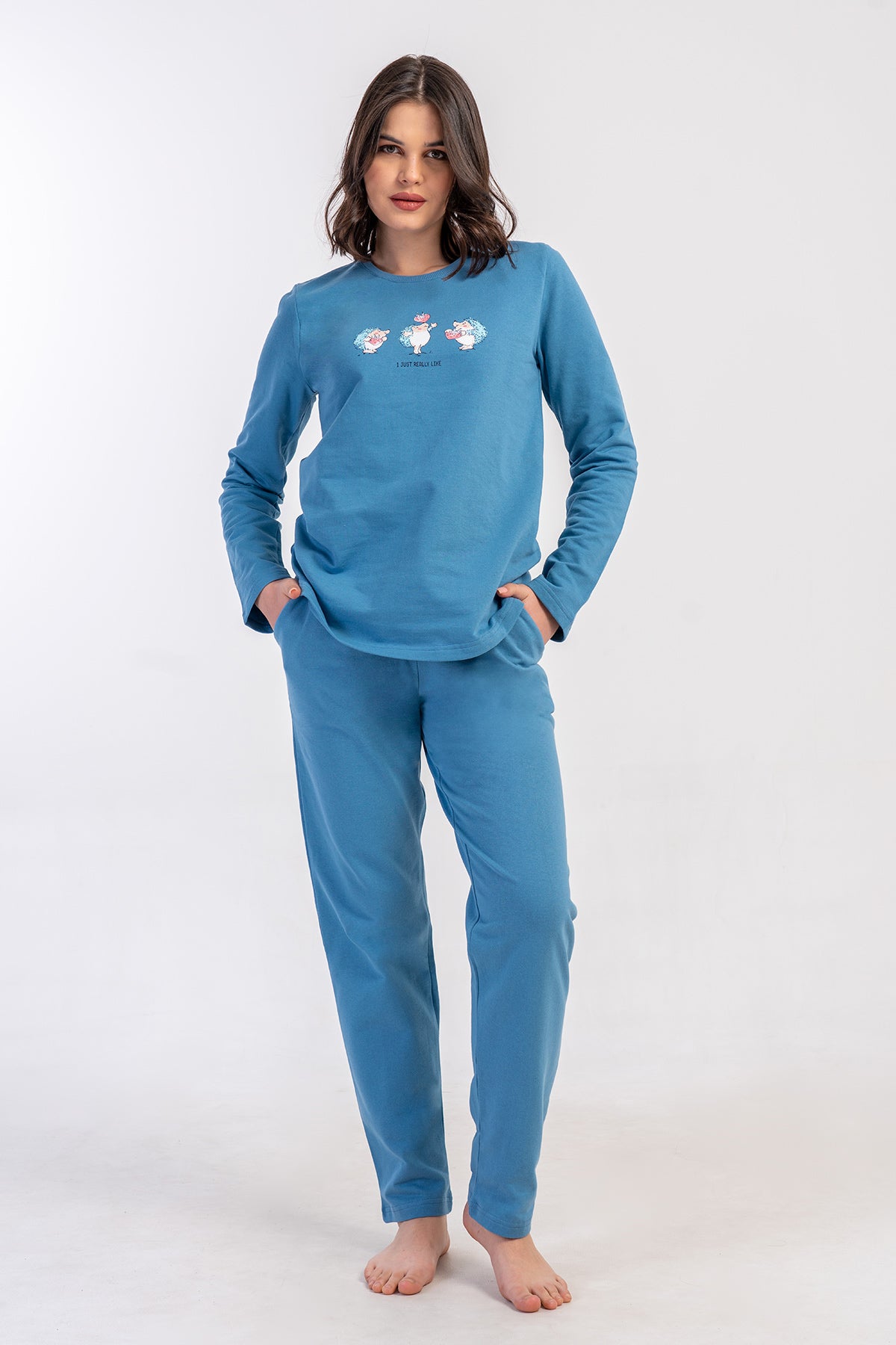 KADIN 2IPLIK XXL O YAKA UZUN KOL ETEGI OVAL CEPLI PIJAMA TAKIM - AÇIK LACIVERT
