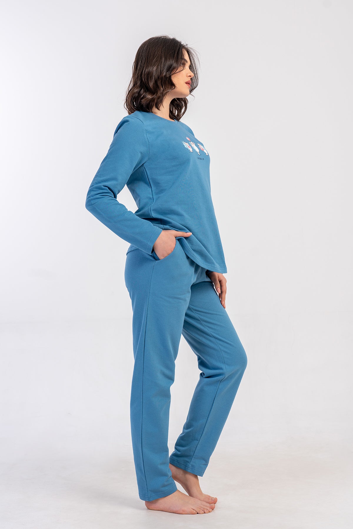 KADIN 2IPLIK XXL O YAKA UZUN KOL ETEGI OVAL CEPLI PIJAMA TAKIM - AÇIK LACIVERT