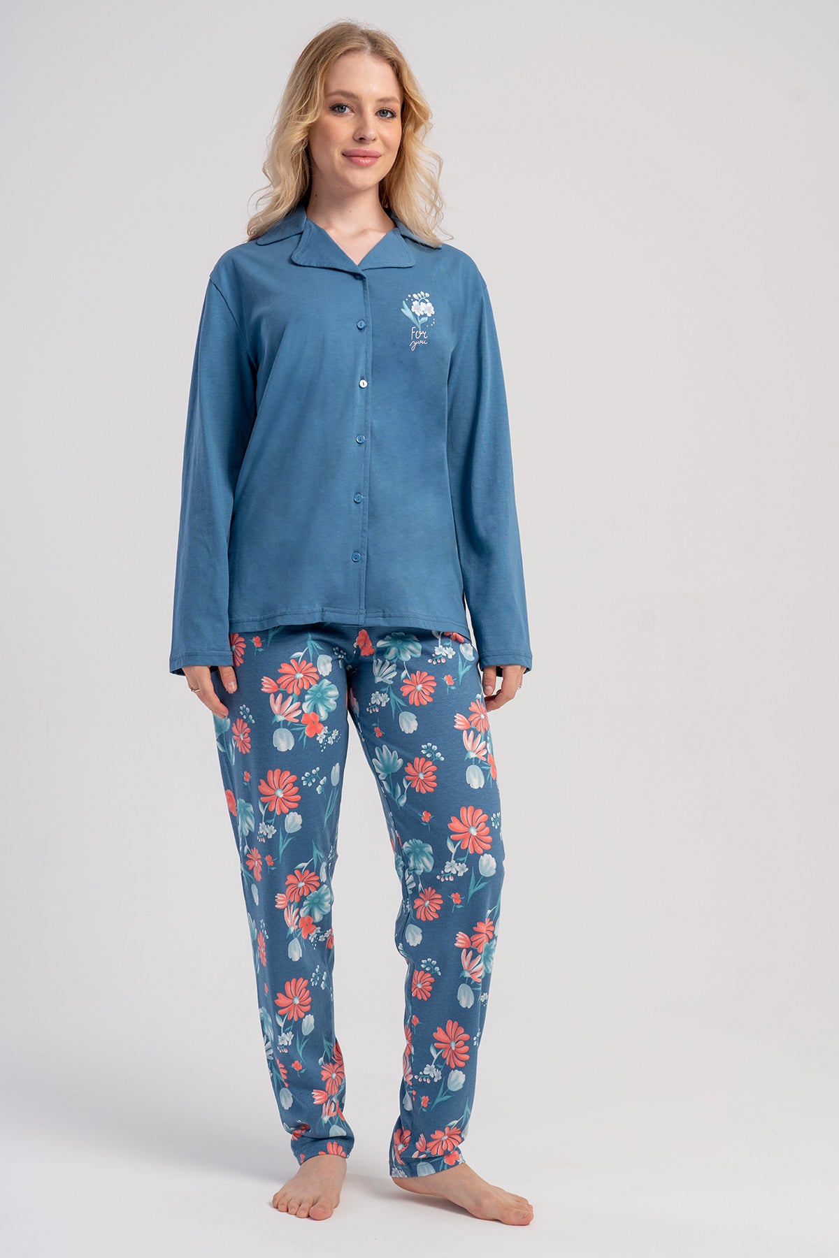 WOMEN'S P.SUPREM XXL SHIRT COLLAR FULLY BUTTONED LONG SLEEVE POCKET PAJAMA SET - BLUE