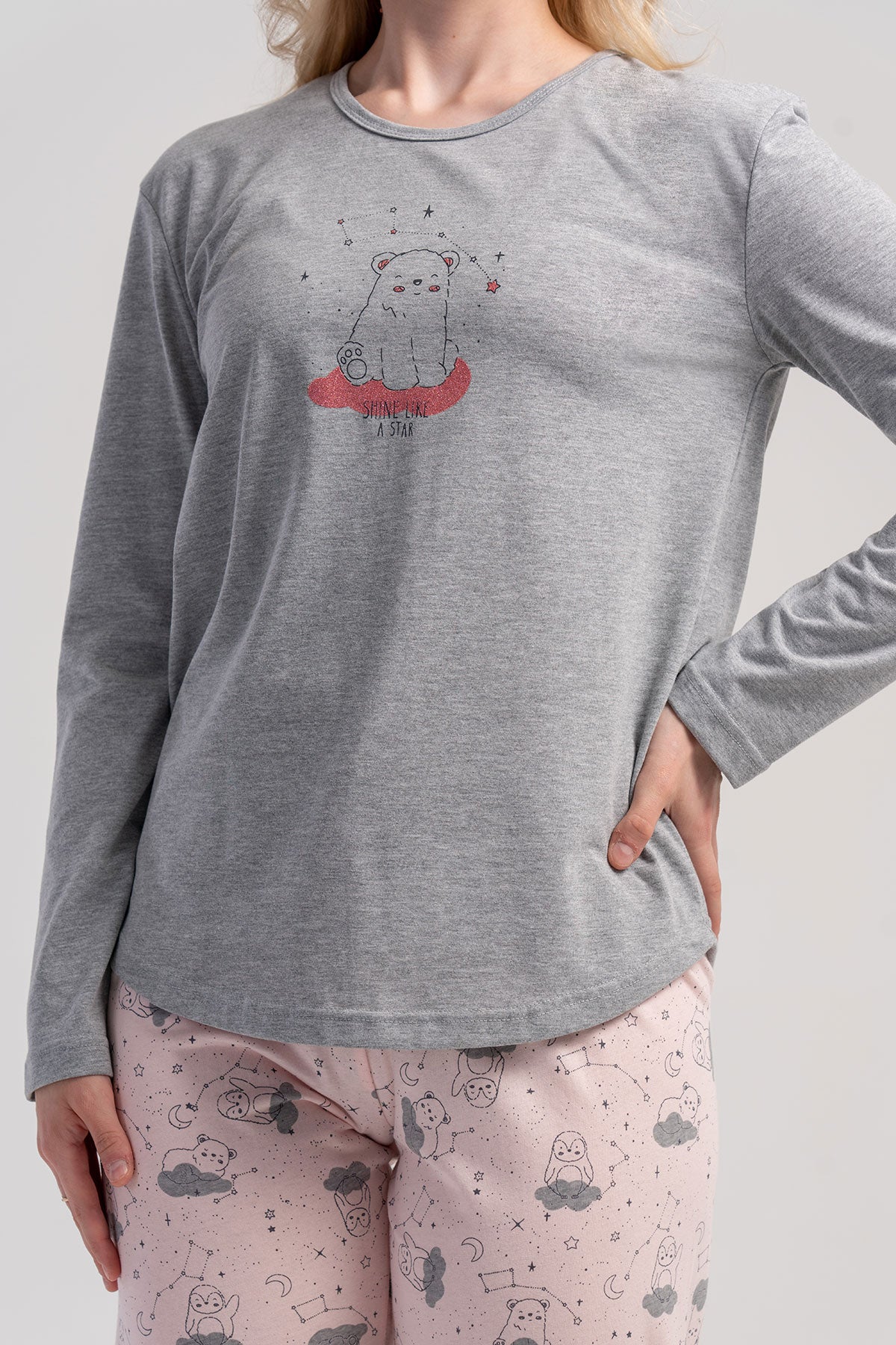 KADIN P.SUPREM O YAKA UZUN KOL ETEGI OVAL MANSETLI PIJAMA TAKIM - GRAY MELANGE