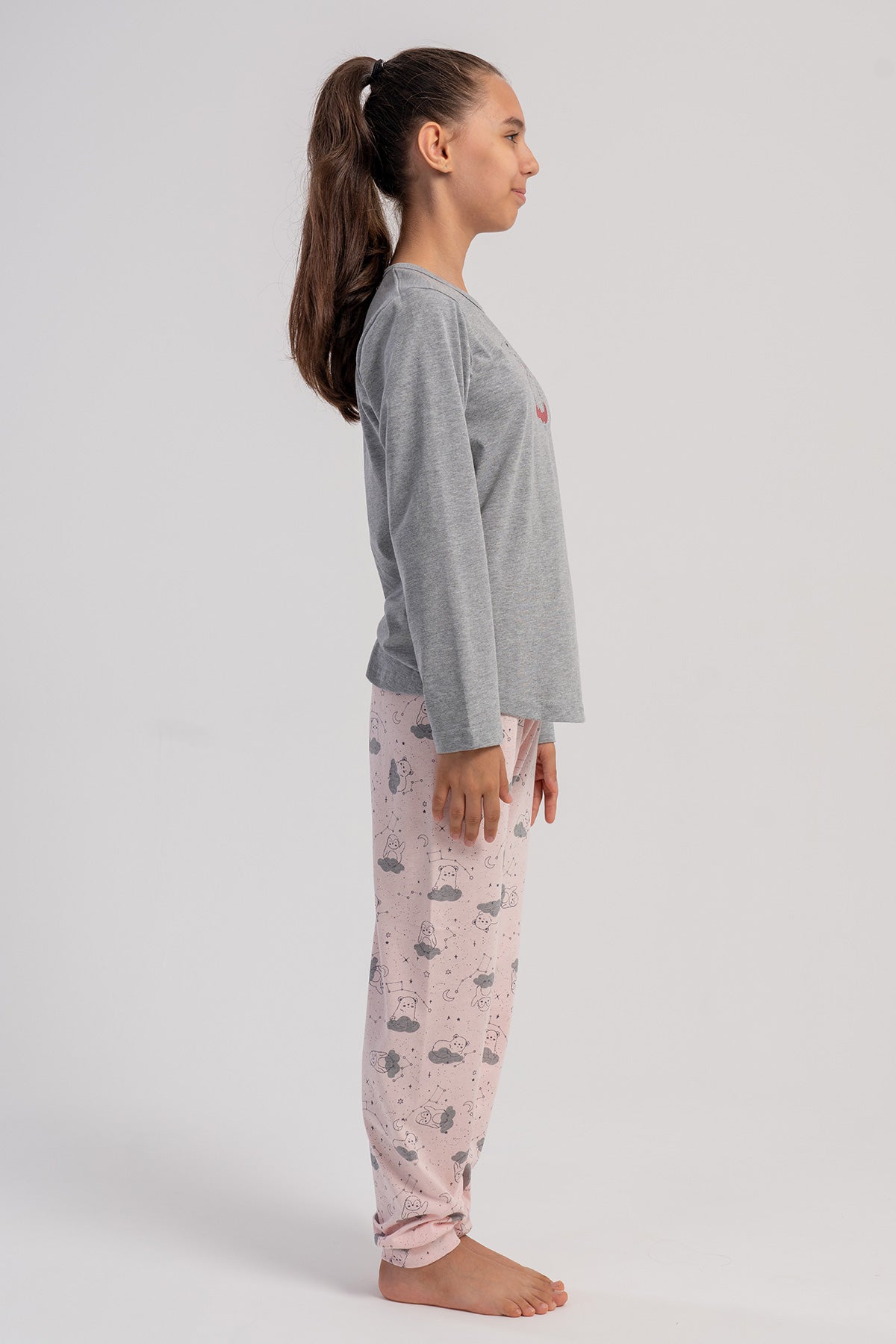 KIZ COCUK P.SUPREM O YAKA UZUN KOL ETEGI OVAL MANSETLI PIJAMA TAKIM(7-8/13-14) - GRAY MELANGE