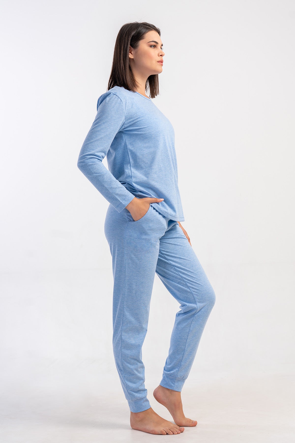 KADIN P.SUPREM O YAKA UZUN KOL ETEGI OVAL MANSETLI CEPLI PIJAMA TAKIM - MAVI