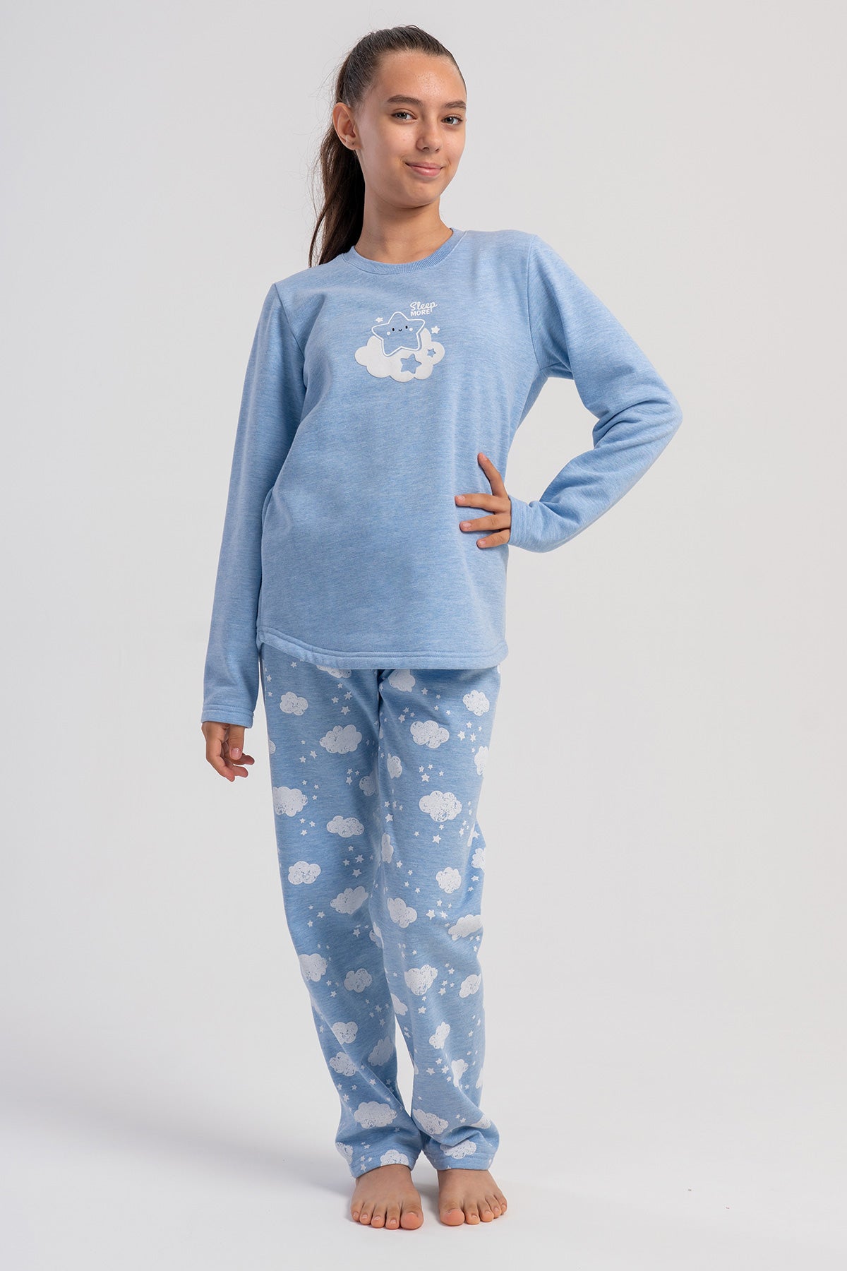 KIZ COCUK 2IPLIK O YAKA UZUN KOL ETEGI OVAL PIJAMA TAKIM(7-8/13-14) - MAVI
