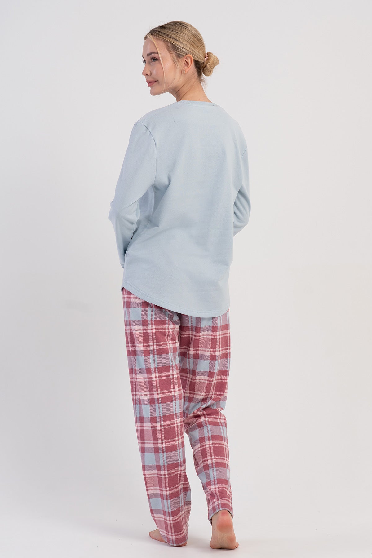 KADIN 2IPLIK O YAKA UZUN KOL ETEGI OVAL PIJAMA TAKIM - MAVI