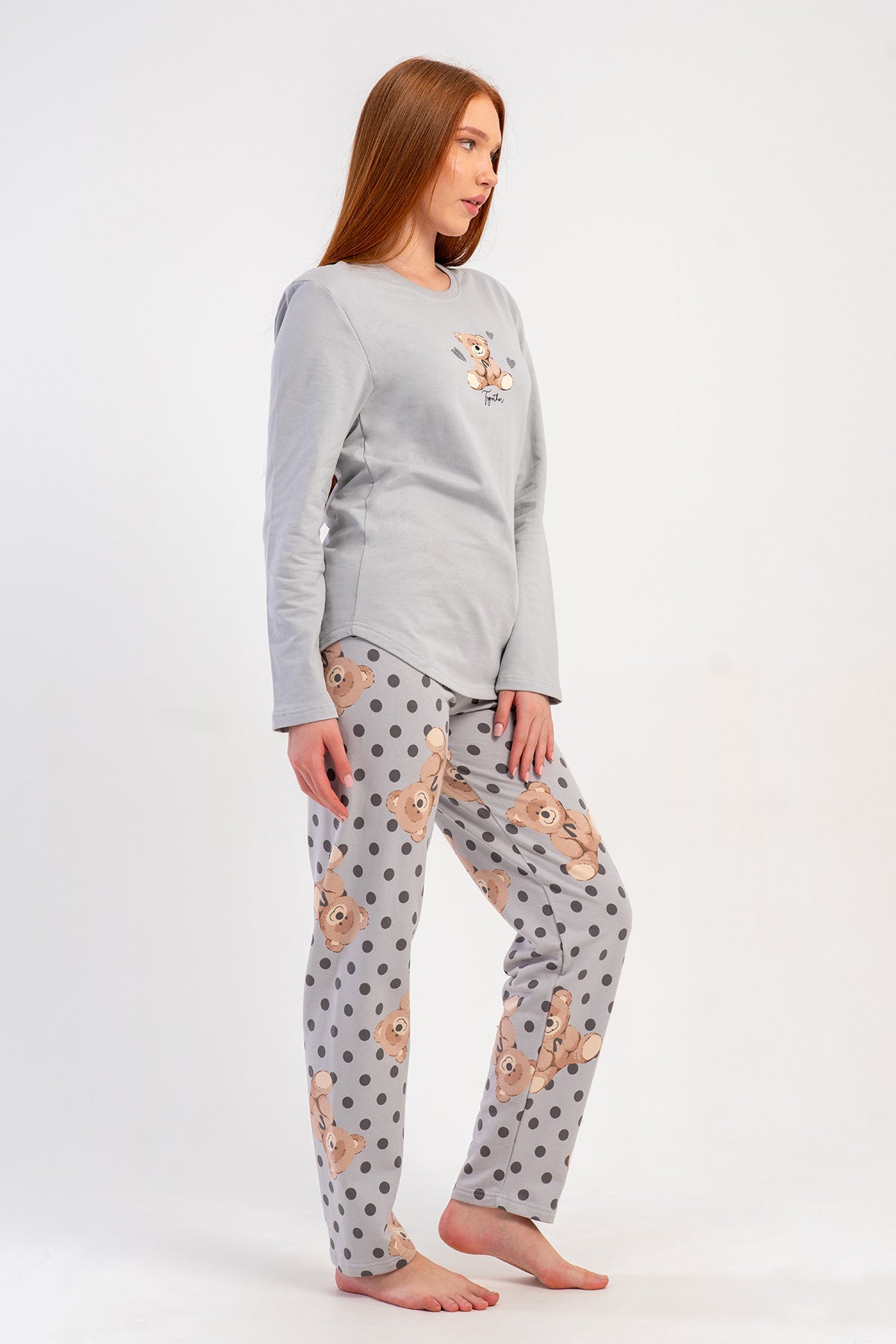 KADIN 2IPLIK O YAKA UZUN KOL ETEGI OVAL PIJAMA TAKIM - GRI