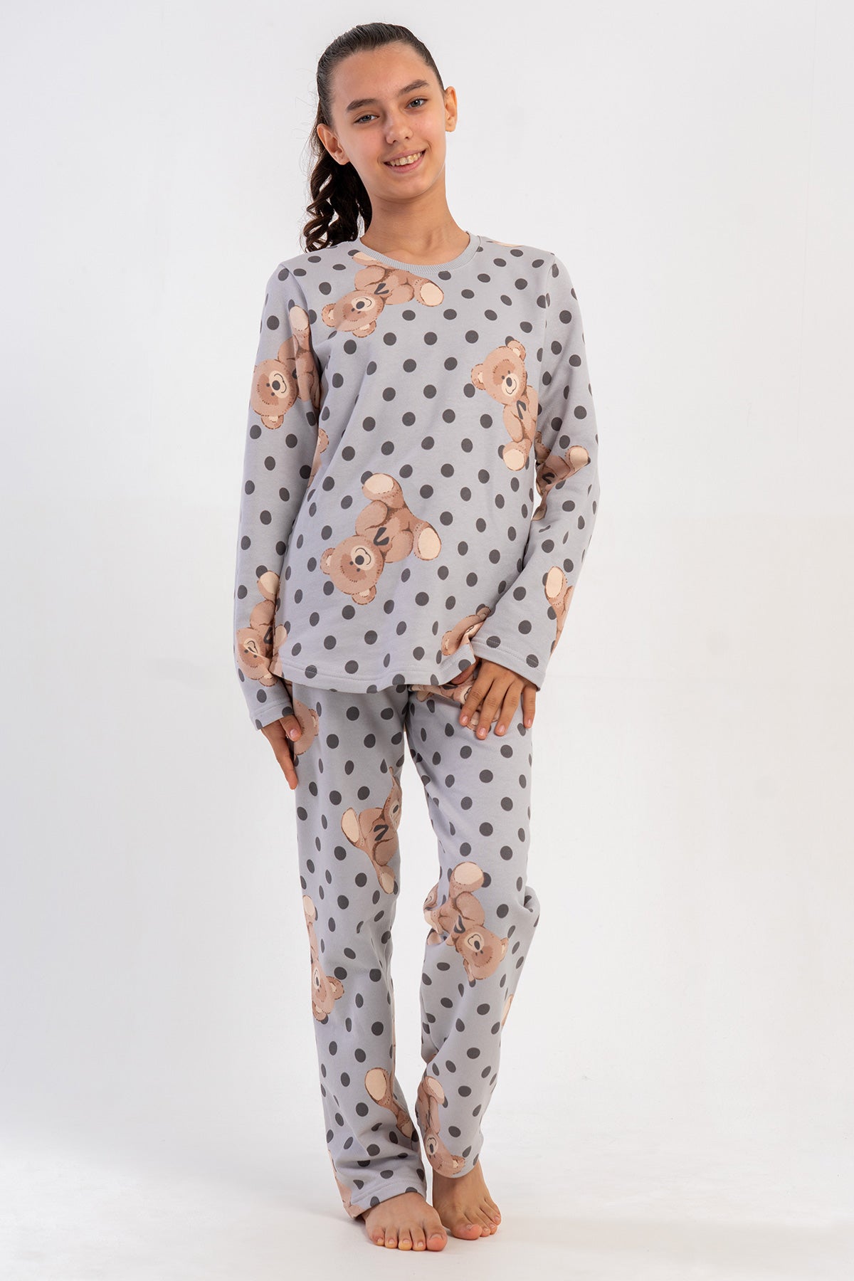 KIZ COCUK 2IPLIK O YAKA UZUN KOL ETEGI OVAL PIJAMA TAKIM(7-8/13-14) - GRI