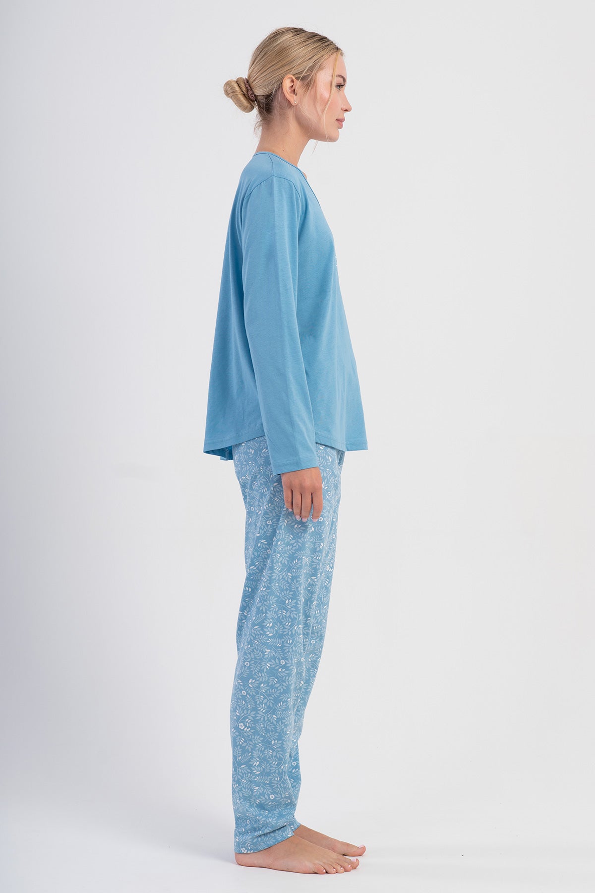 KADIN P.SUPREM XXL V YAKA UZUN KOL ETEGI OVAL PIJAMA TAKIM - MAVI