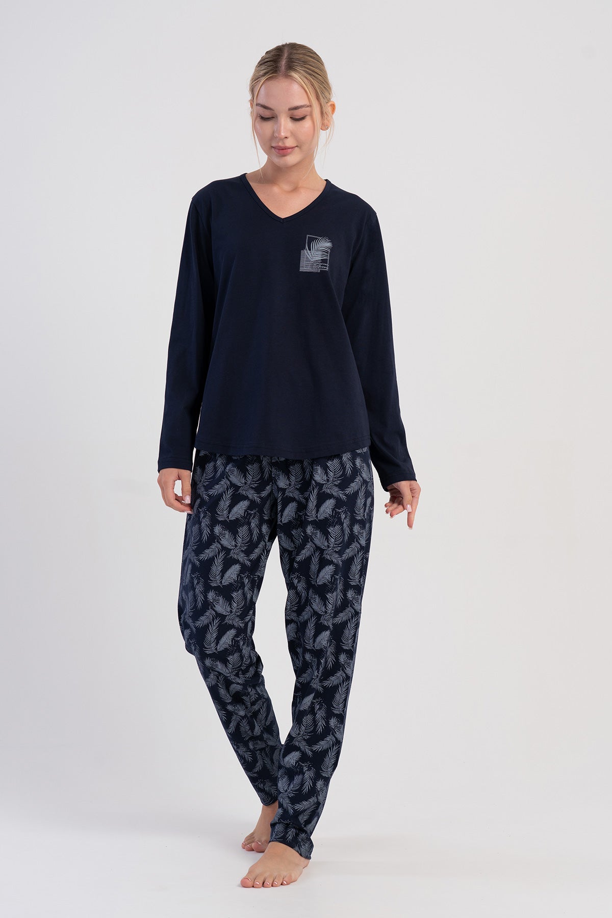 KADIN P.SUPREM XXL V YAKA UZUN KOL ETEGI OVAL PIJAMA TAKIM - Y.LACIVERT