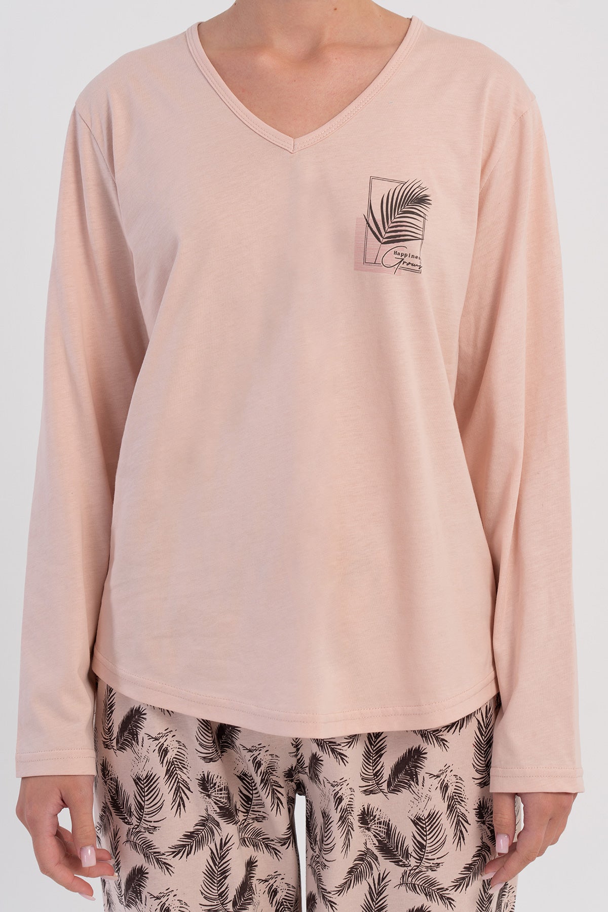 KADIN P.SUPREM XXL V YAKA UZUN KOL ETEGI OVAL PIJAMA TAKIM - PUDRA PEMBE