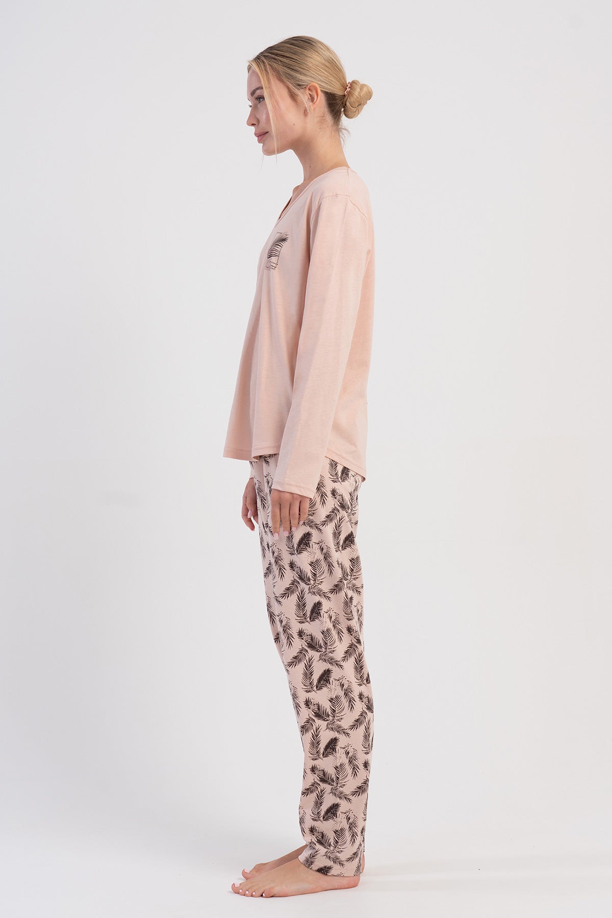 KADIN P.SUPREM XXL V YAKA UZUN KOL ETEGI OVAL PIJAMA TAKIM - PUDRA PEMBE