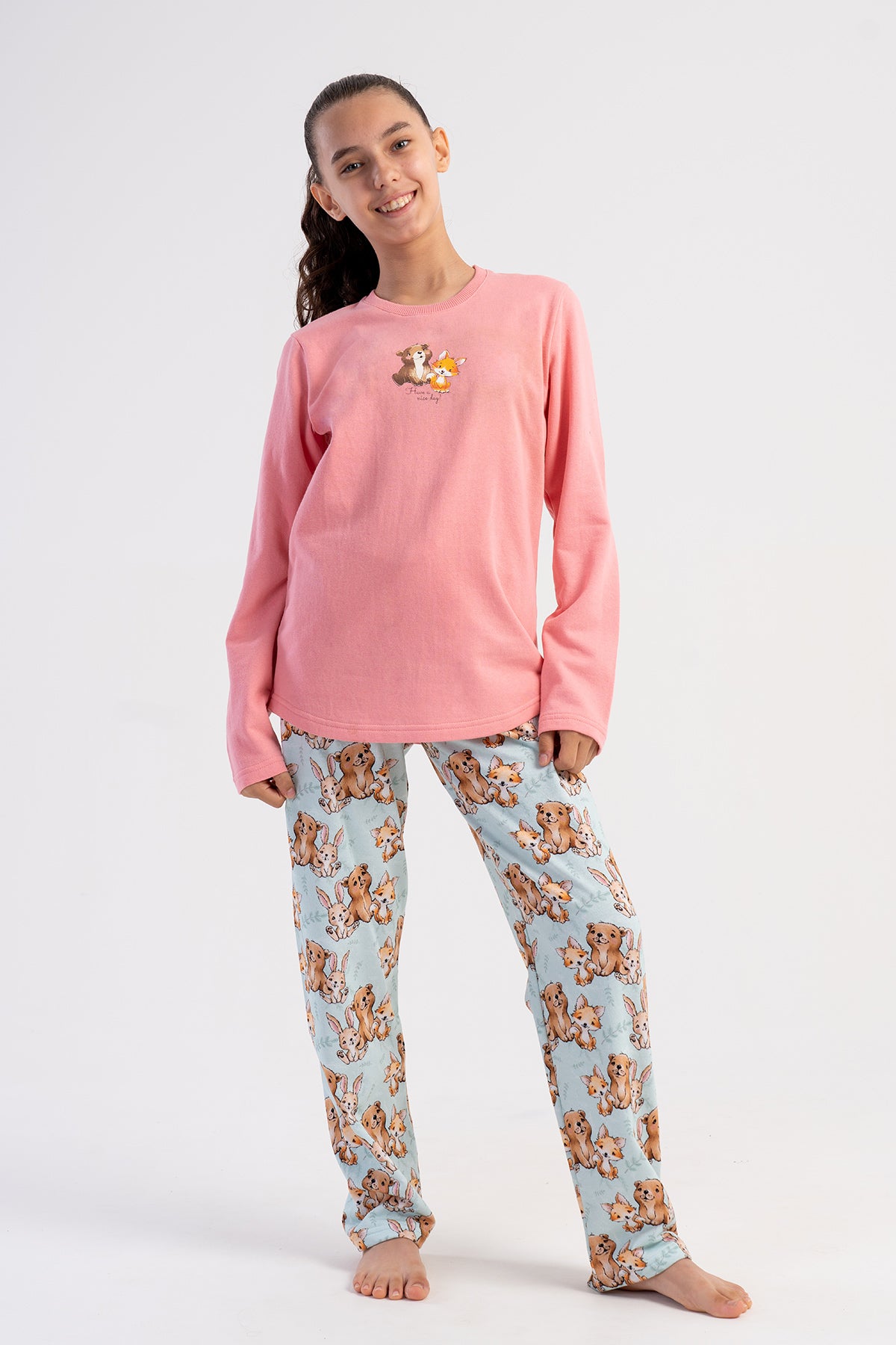 KIZ COCUK 2IPLIK O YAKA UZUN KOL ETEGI OVAL PIJAMA TAKIM(7-8/13-14) - PEMBE