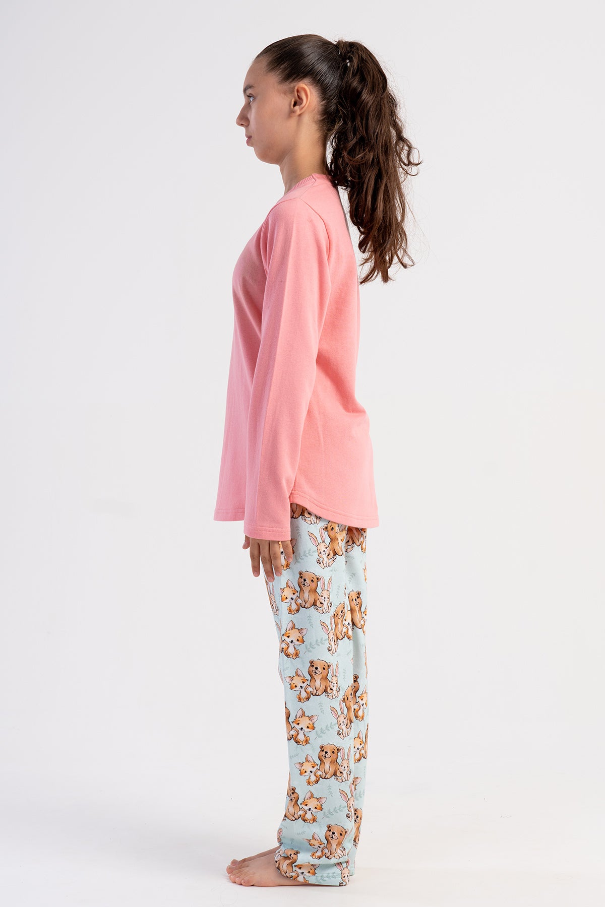 KIZ COCUK 2IPLIK O YAKA UZUN KOL ETEGI OVAL PIJAMA TAKIM(7-8/13-14) - PEMBE