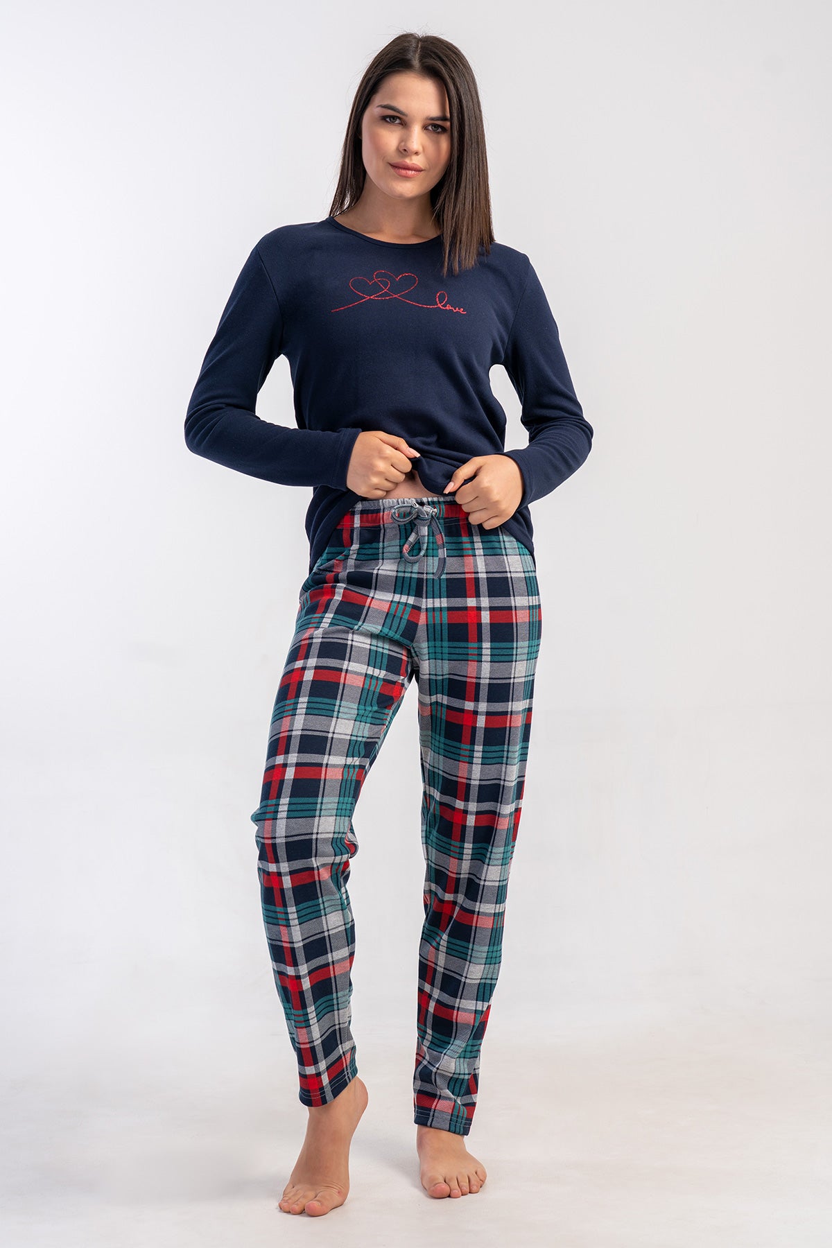 KADIN INTERLOK O YAKA UZUN KOL ETEGI OVAL PIJAMA TAKIM - Y.LACIVERT