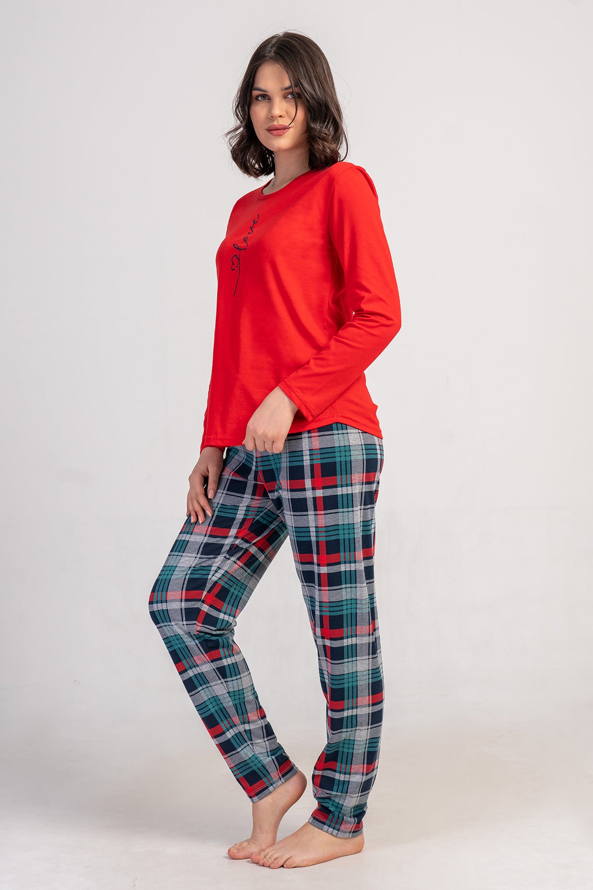 KADIN LYC SUPREM O YAKA UZUN KOL ETEGI OVAL PIJAMA TAKIM - YENI KIRMIZI