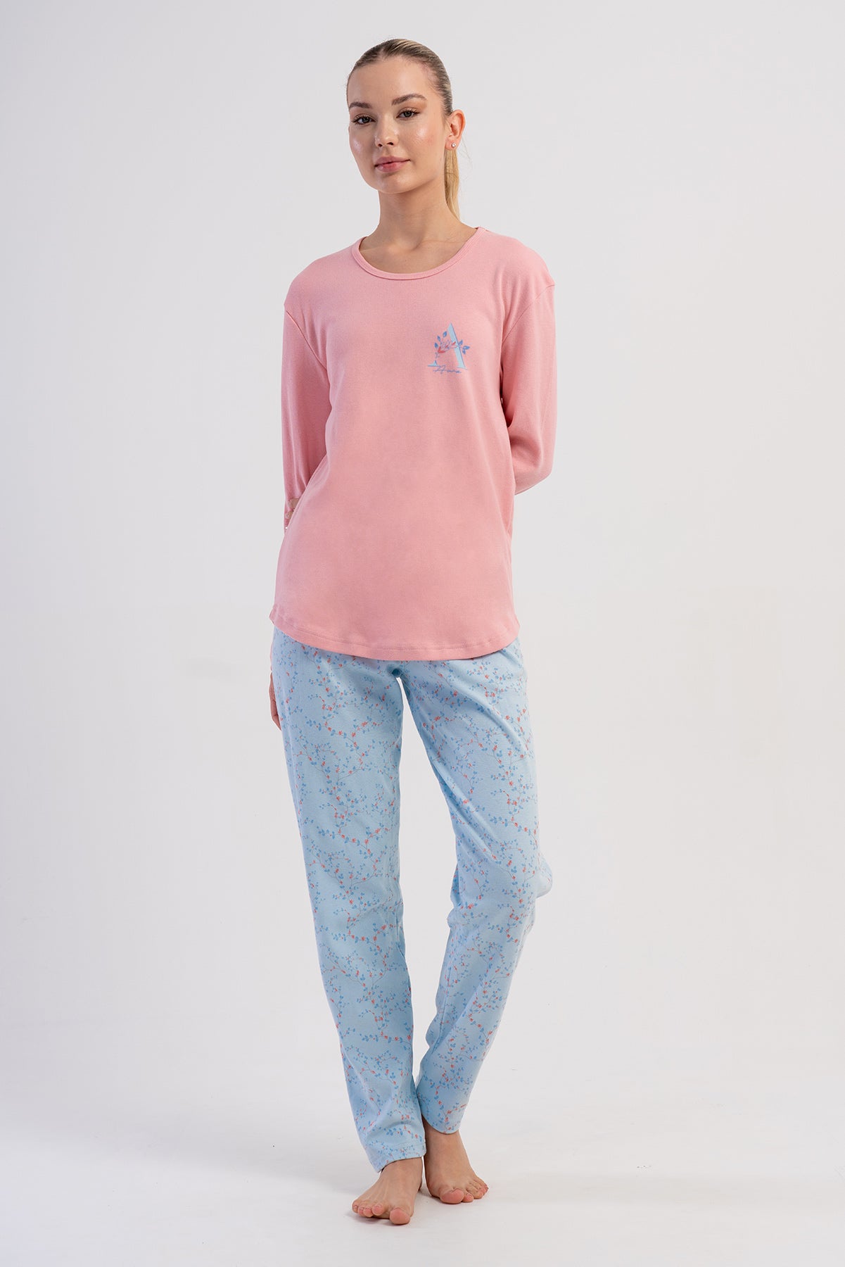 KADIN INTERLOK O YAKA UZUN KOL ETEGI OVAL PIJAMA TAKIM - AÇIK PEMBE