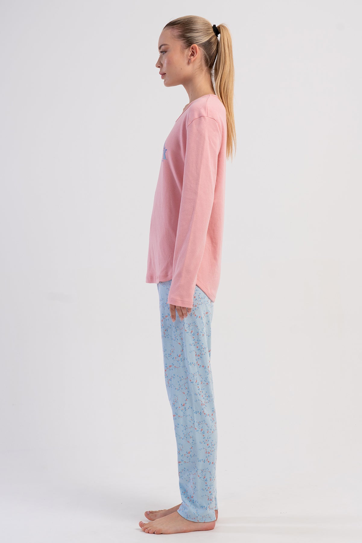 KADIN INTERLOK O YAKA UZUN KOL ETEGI OVAL PIJAMA TAKIM - AÇIK PEMBE