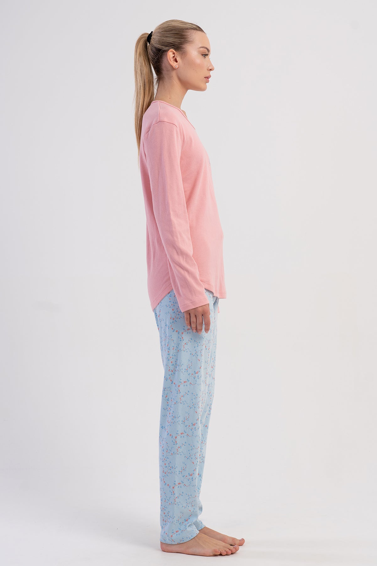 KADIN INTERLOK O YAKA UZUN KOL ETEGI OVAL PIJAMA TAKIM - AÇIK PEMBE