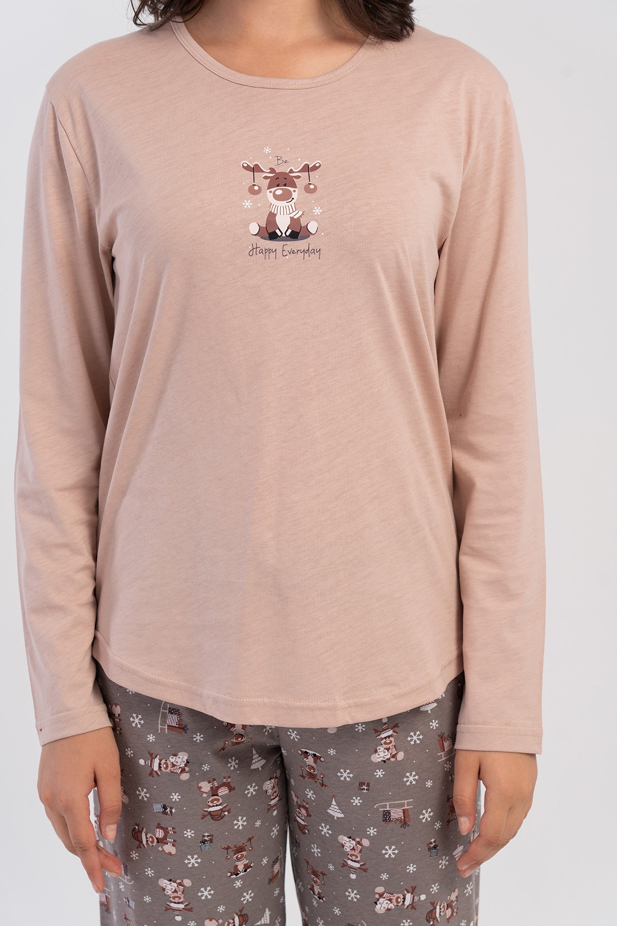 KADIN P.SUPREM XXL O YAKA UZUN KOL ETEGI OVAL PIJAMA TAKIM - SUTLU KAHVE