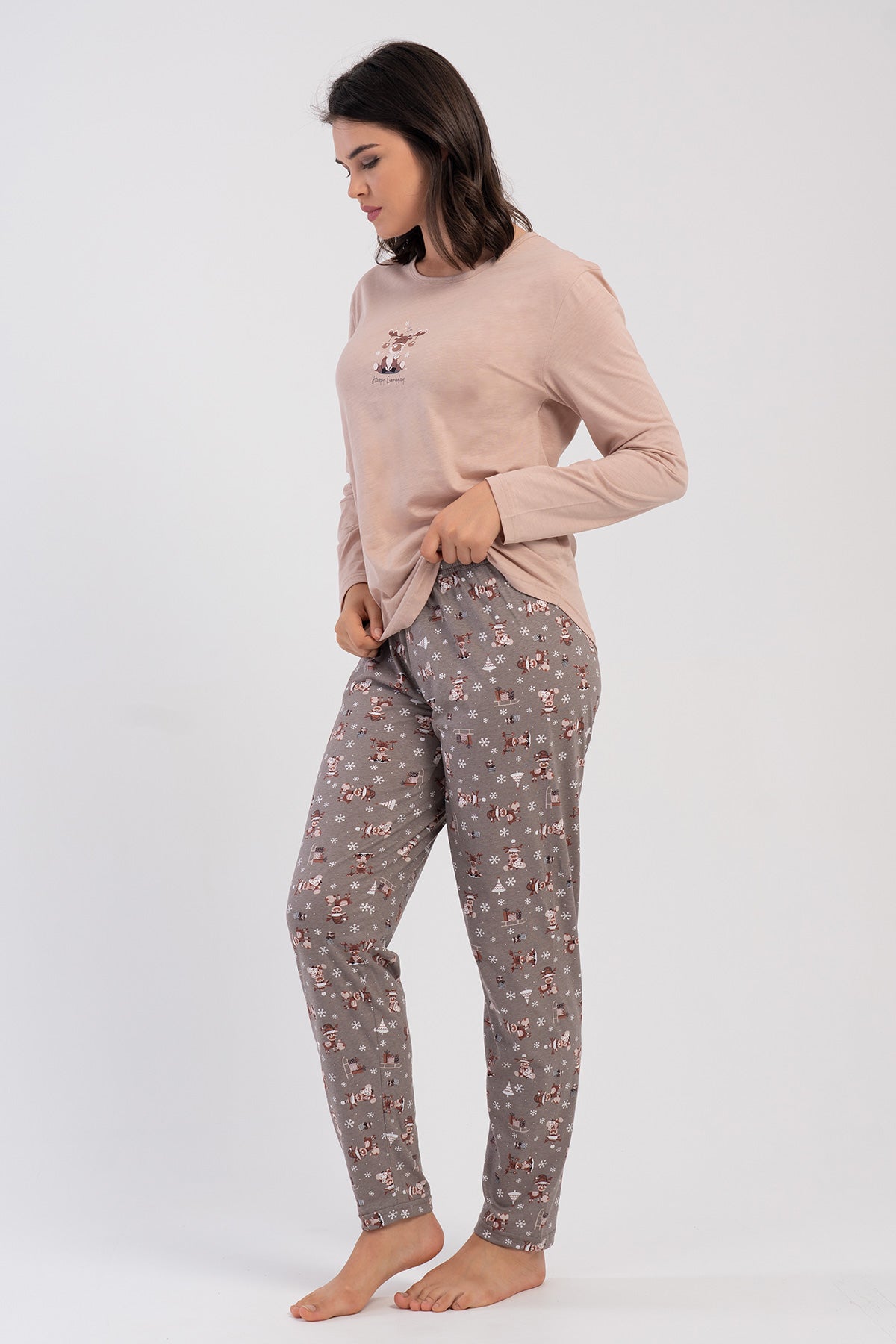 KADIN P.SUPREM XXL O YAKA UZUN KOL ETEGI OVAL PIJAMA TAKIM - SUTLU KAHVE