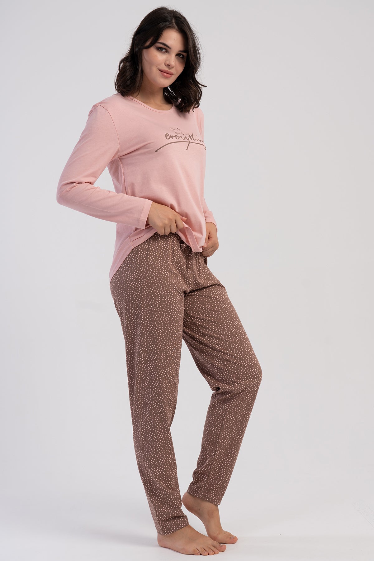 KADIN P.SUPREM XXL O YAKA UZUN KOL ETEGI OVAL PIJAMA TAKIM - PEMBE